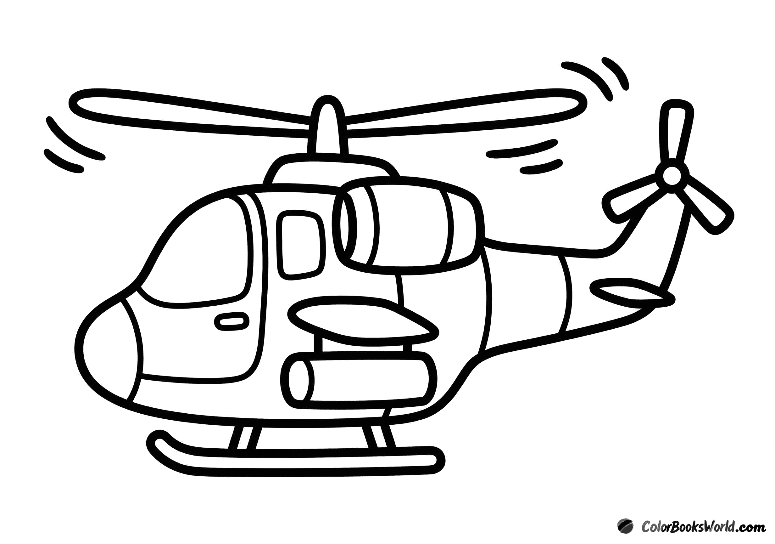 Cartoon military helicopter flying with a closed cargo pod and spinning rotors.