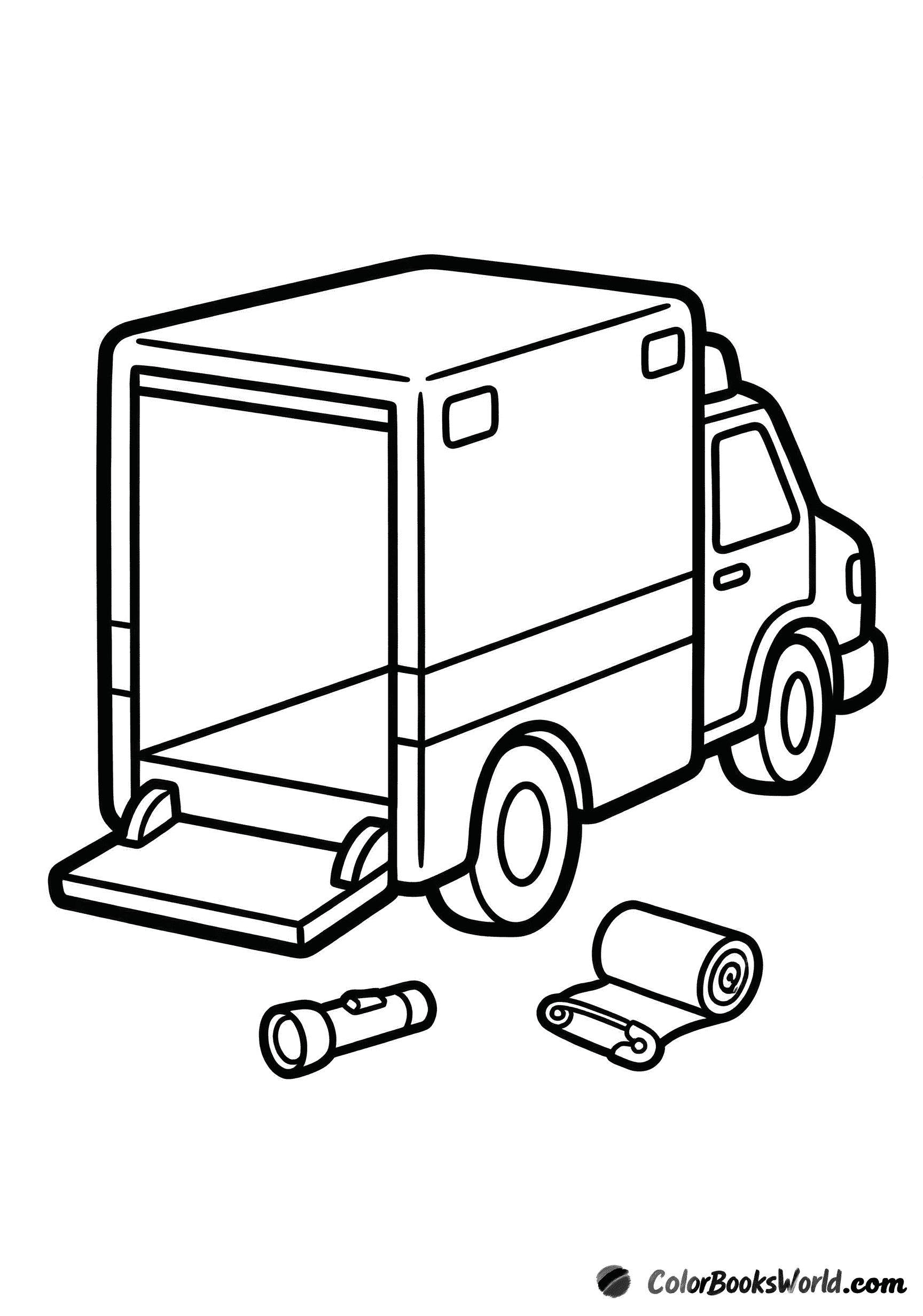 Rear view of an ambulance with a lowered step, a handheld flashlight, and a rolled bandage.