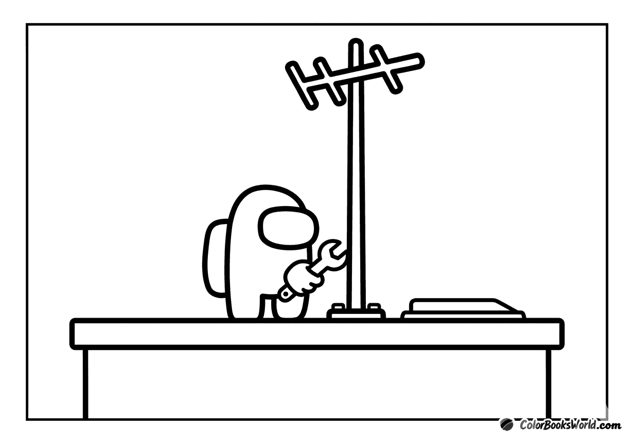 Un coéquipier d’Among Us utilise une clé pour régler une grande antenne sur une table de travail près d’un panneau de contrôle.