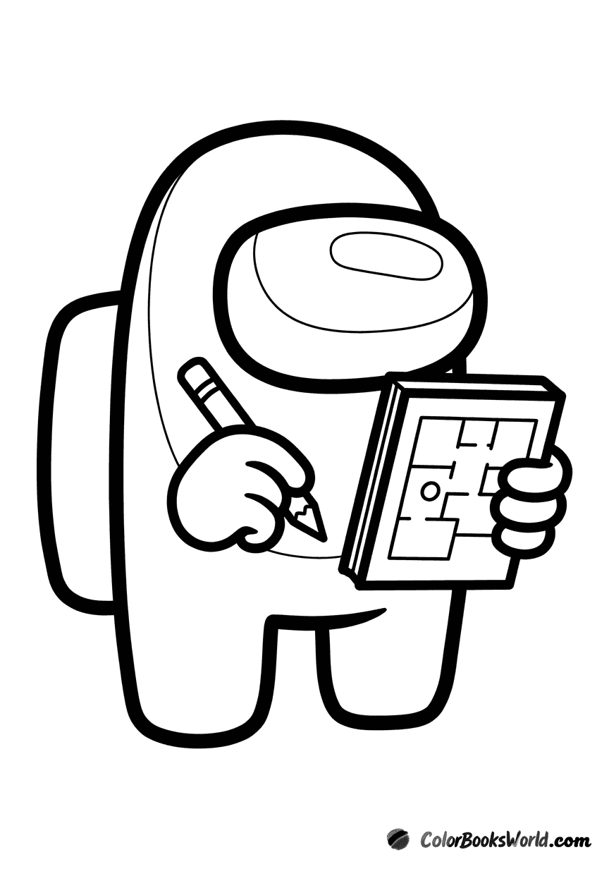 An Among Us crewmate holds a pencil and a clipboard with a simple ship schematic.