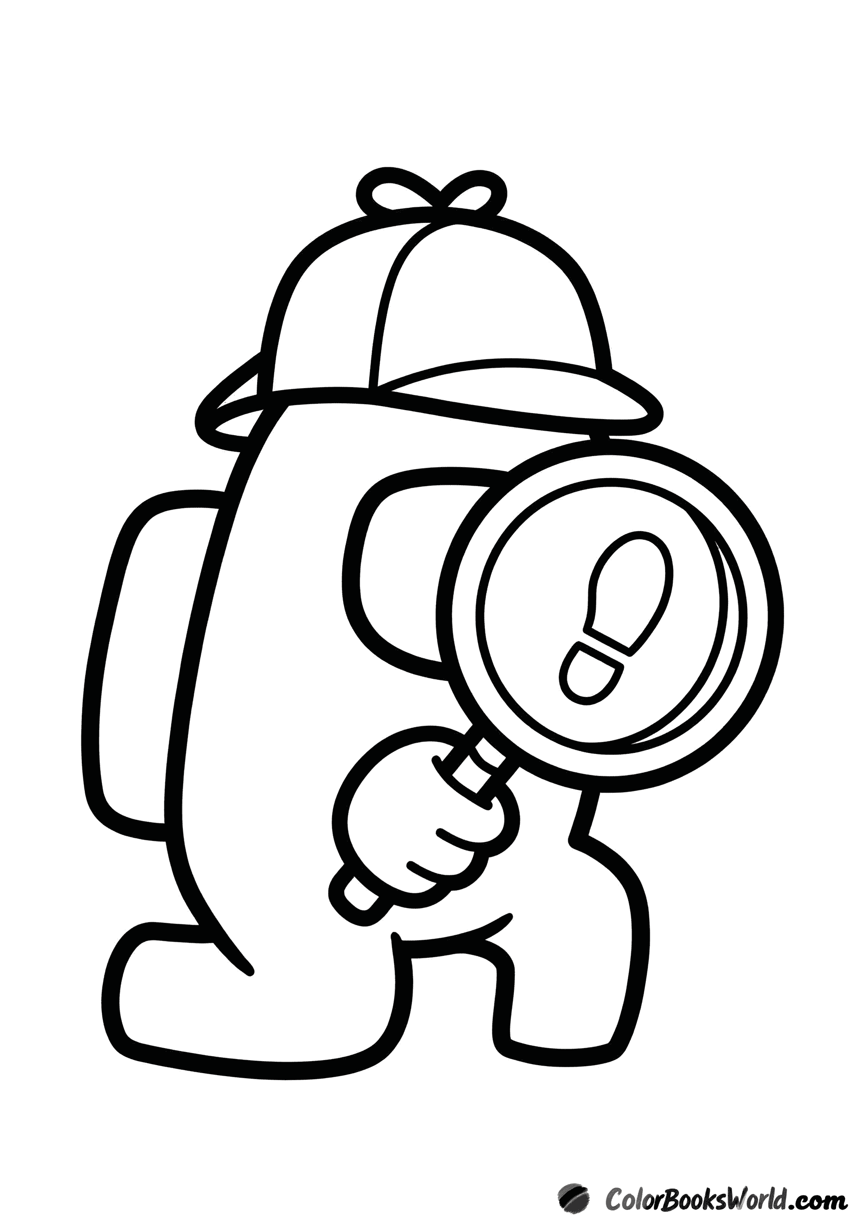 An Among Us crewmate kneels with a magnifying glass, examining a footprint.