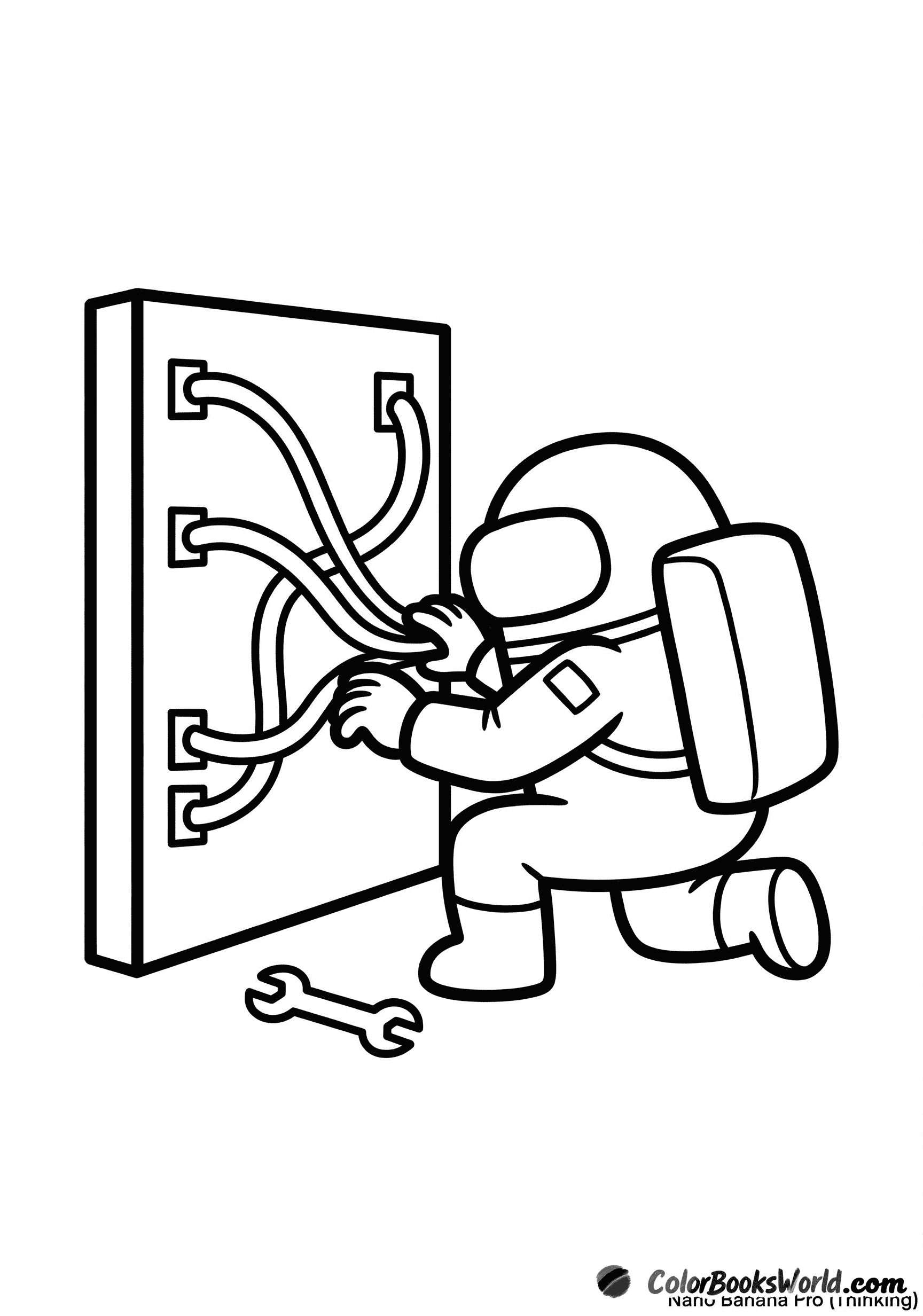 A crewmate kneels by an electrical panel, connecting three wires.