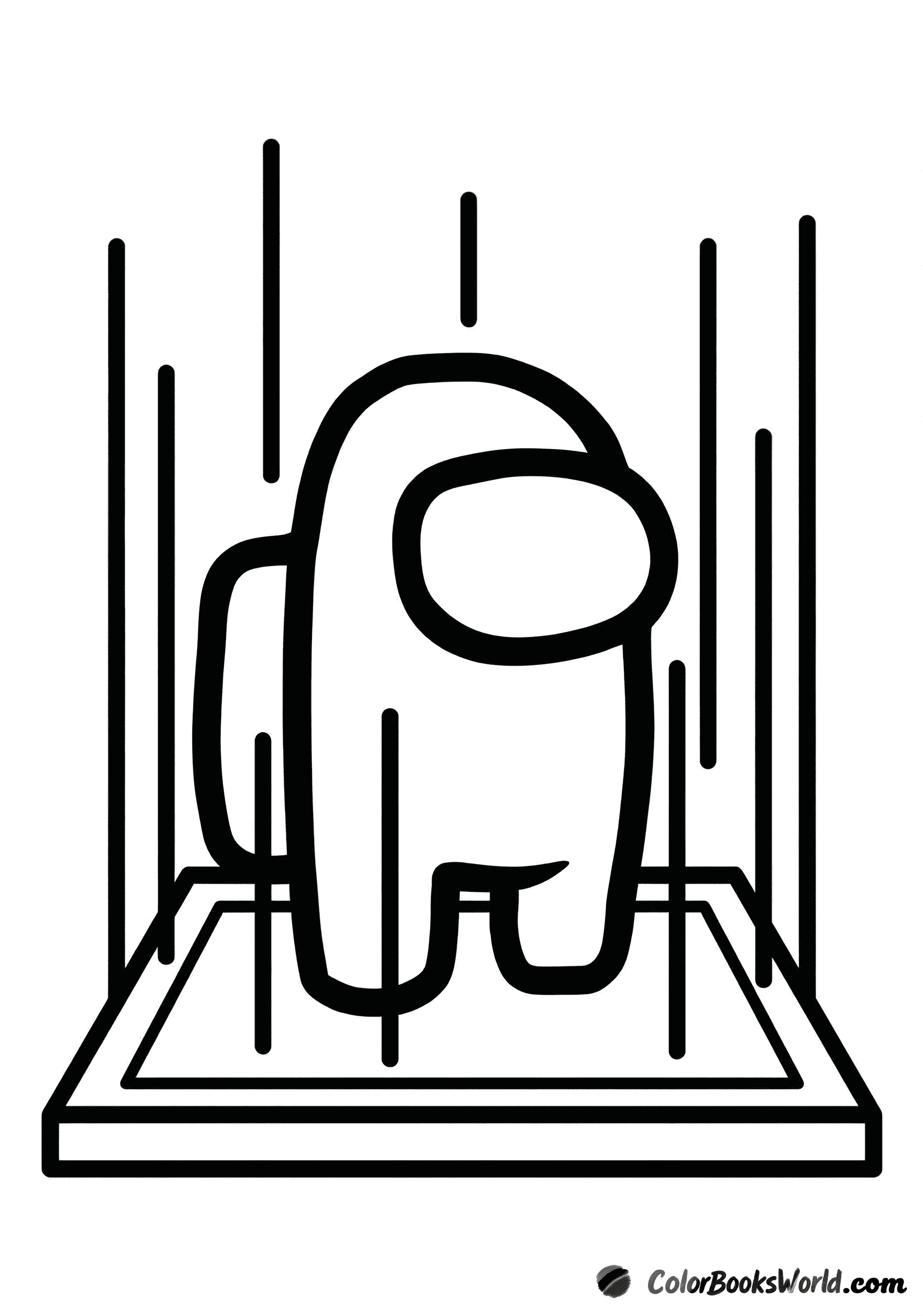 An Among Us crewmate stands on a circular MedBay scanner platform with vertical scan lines.