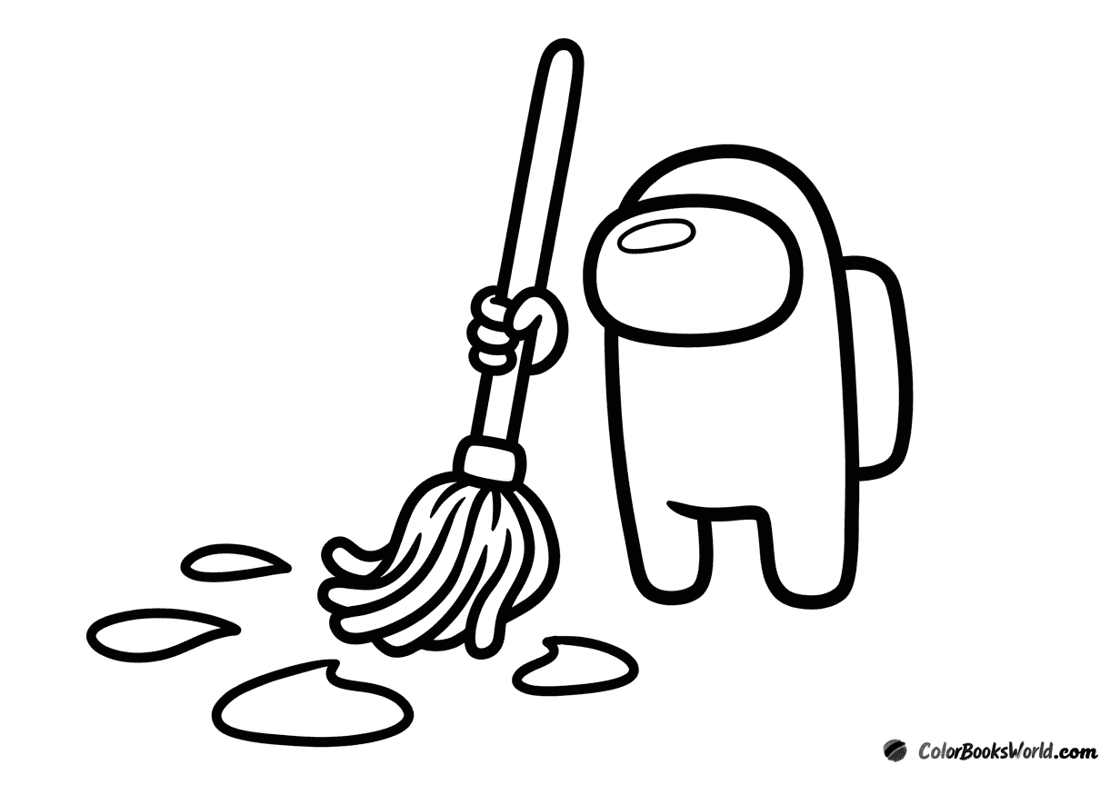 An Among Us crewmate holds a mop and cleans several puddles of spilled liquid on the floor.