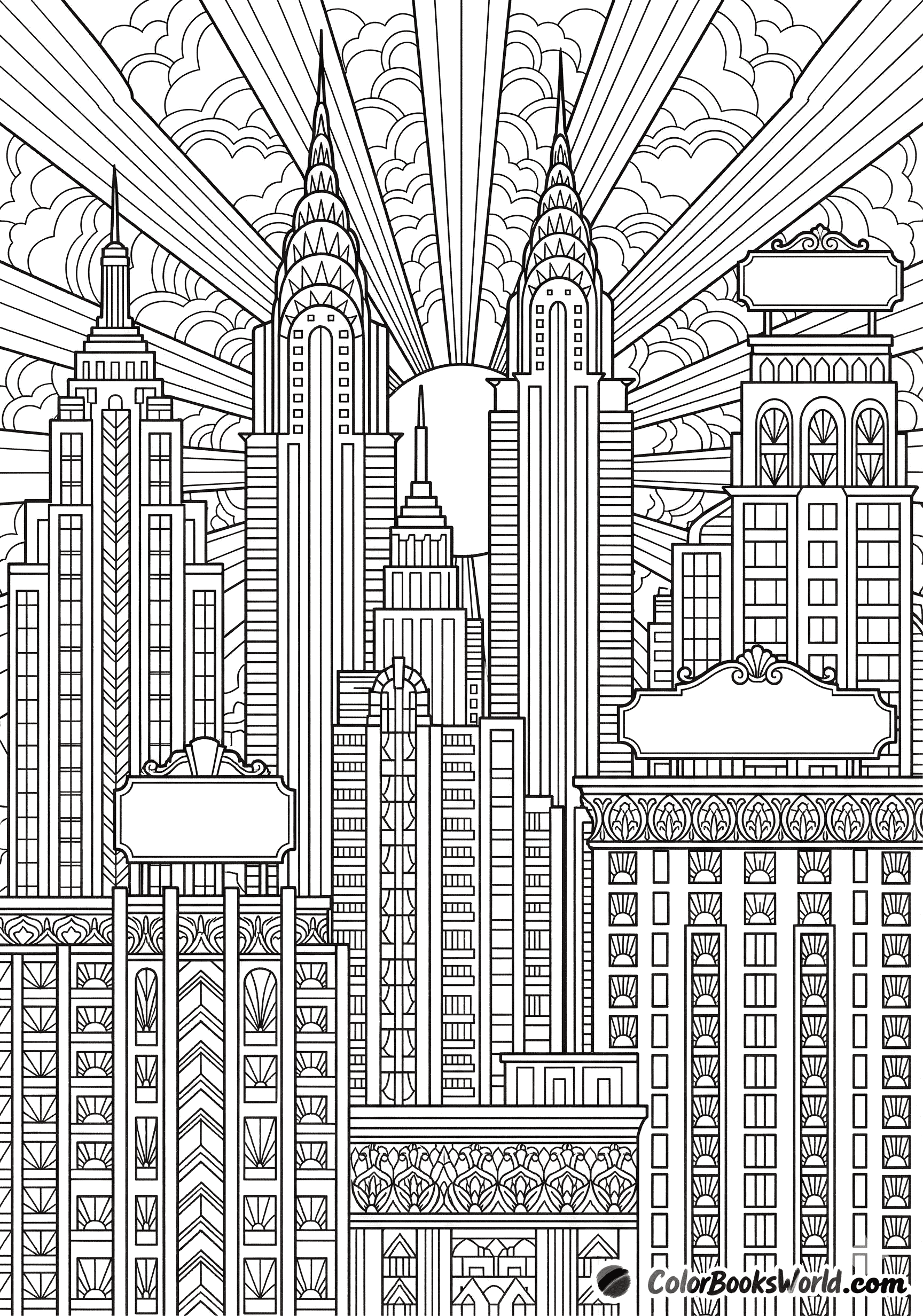 Detailed line art of an Art Deco city skyline with geometric skyscrapers, sunburst patterns and decorative spires.