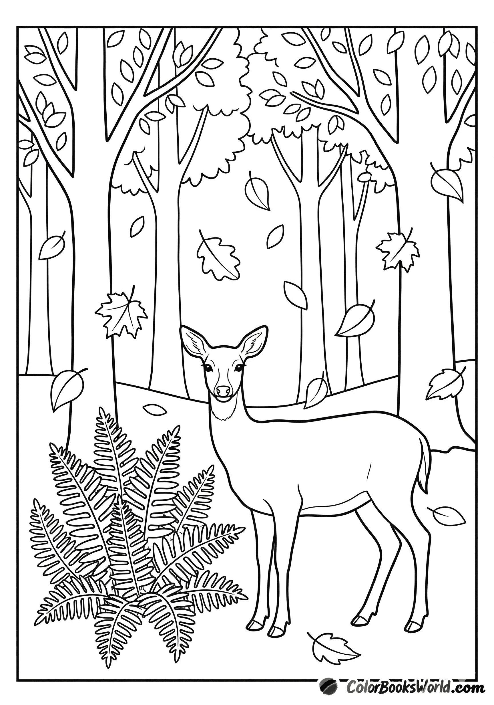 A doe stands beside ferns in a forest glade as autumn leaves fall around her.