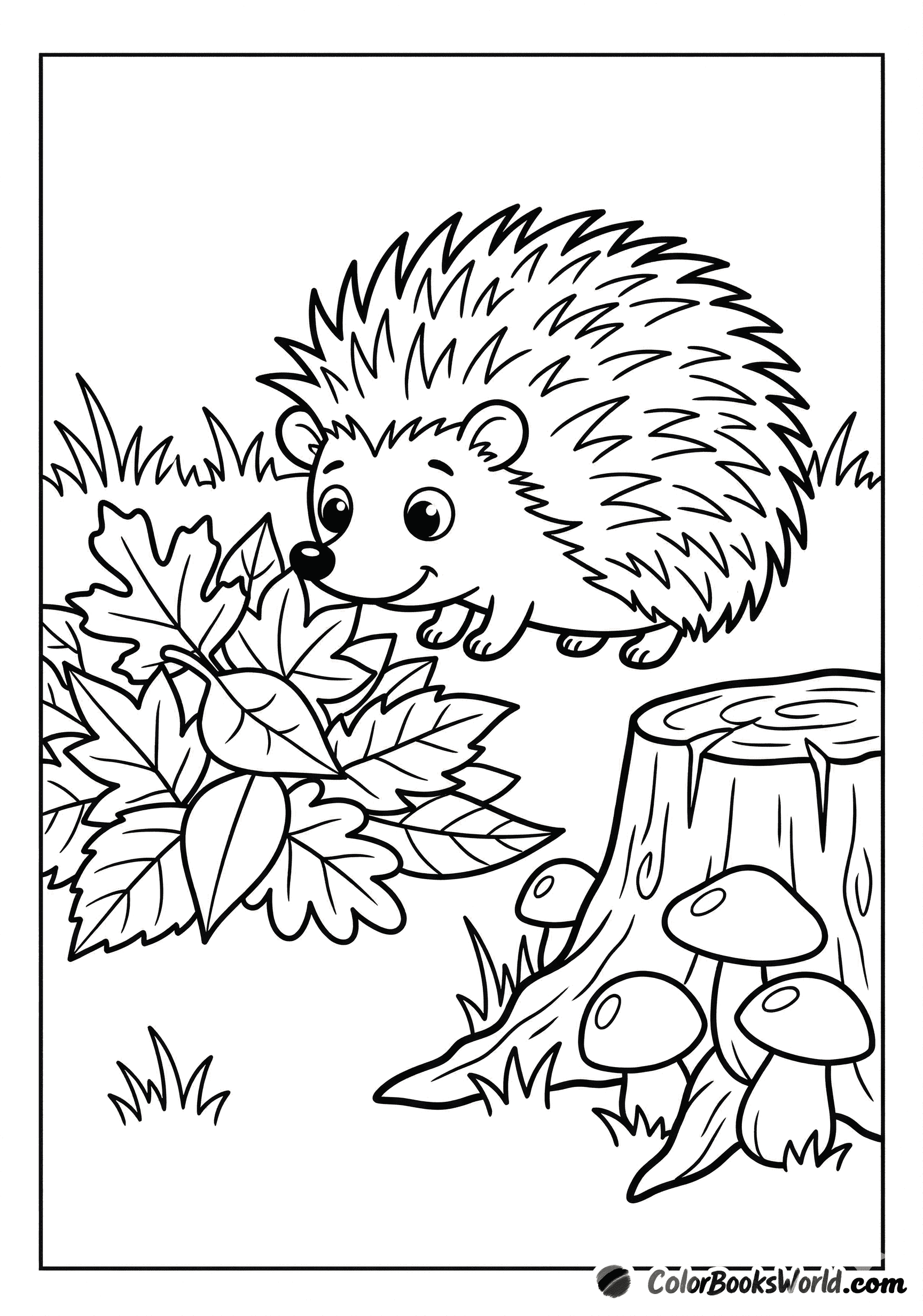 A cute cartoon hedgehog sniffs a pile of autumn leaves beside a tree stump and small mushrooms.