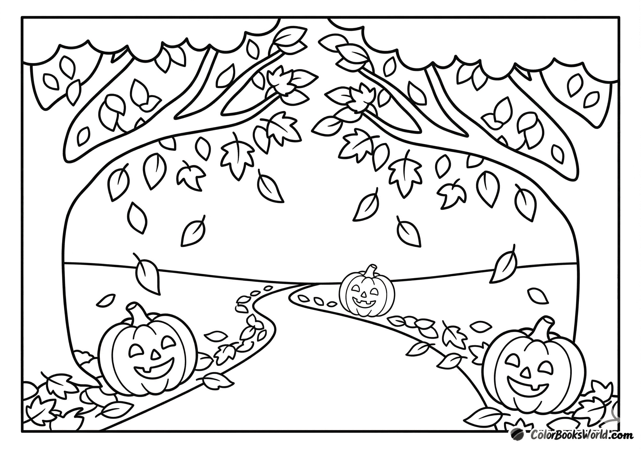 A country lane at dusk with three carved smiling pumpkins by the roadside under arching trees.