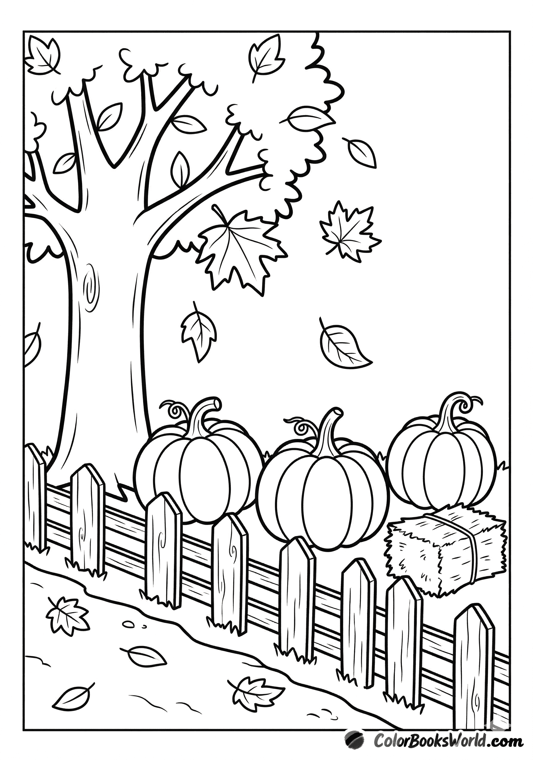 Three pumpkins by a wooden fence and hay bale under a maple tree with falling autumn leaves.