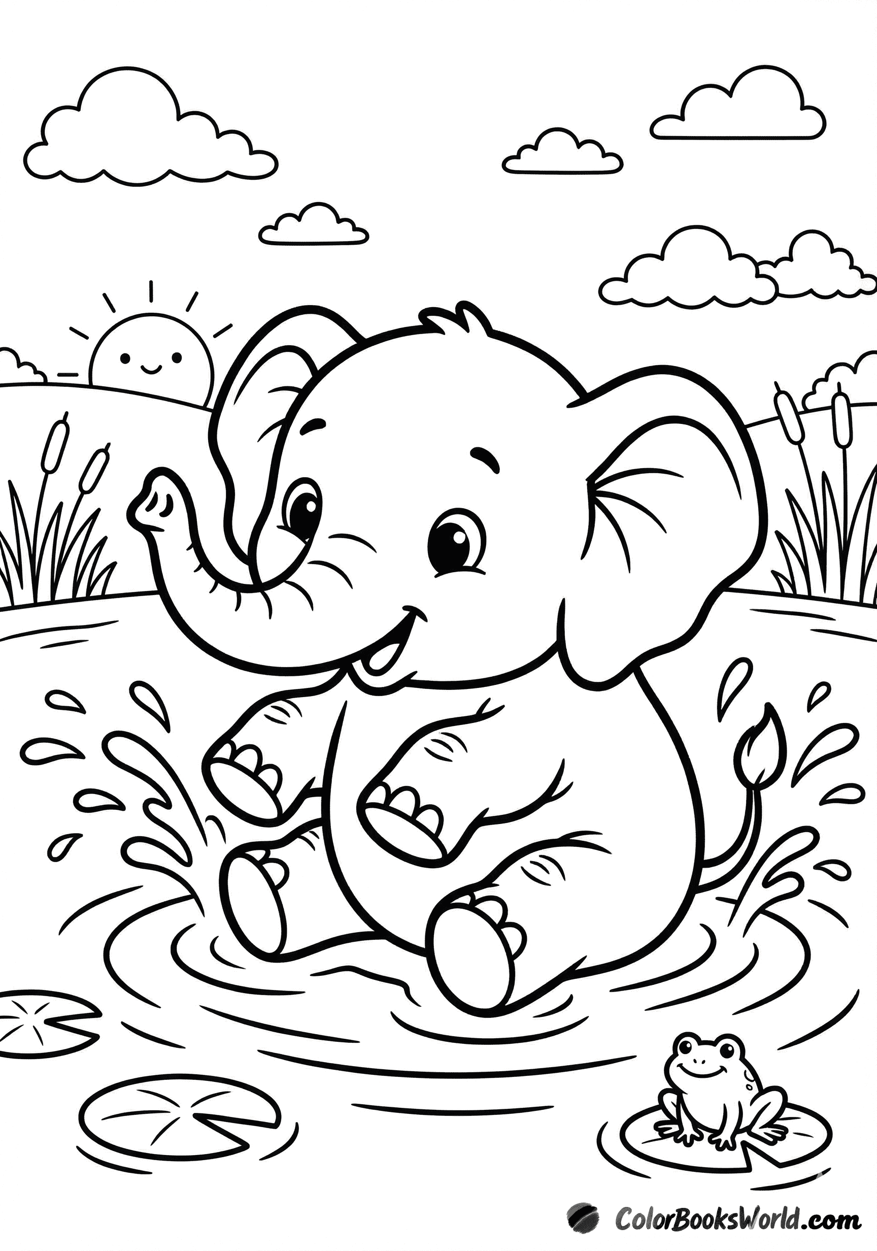 Baby elephant splashing in a pond, with a frog on a lily pad and a smiling sun behind.