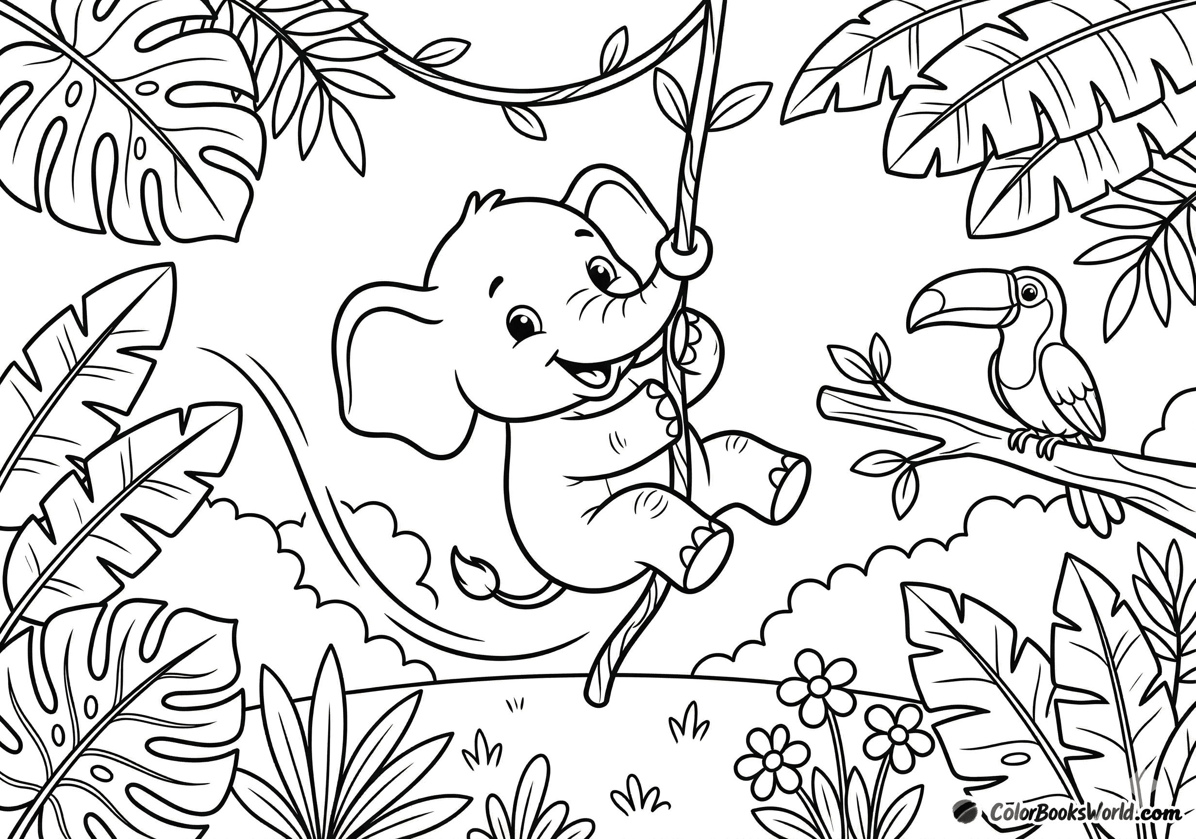A happy baby elephant swings on a jungle vine while a toucan perches on a nearby branch.