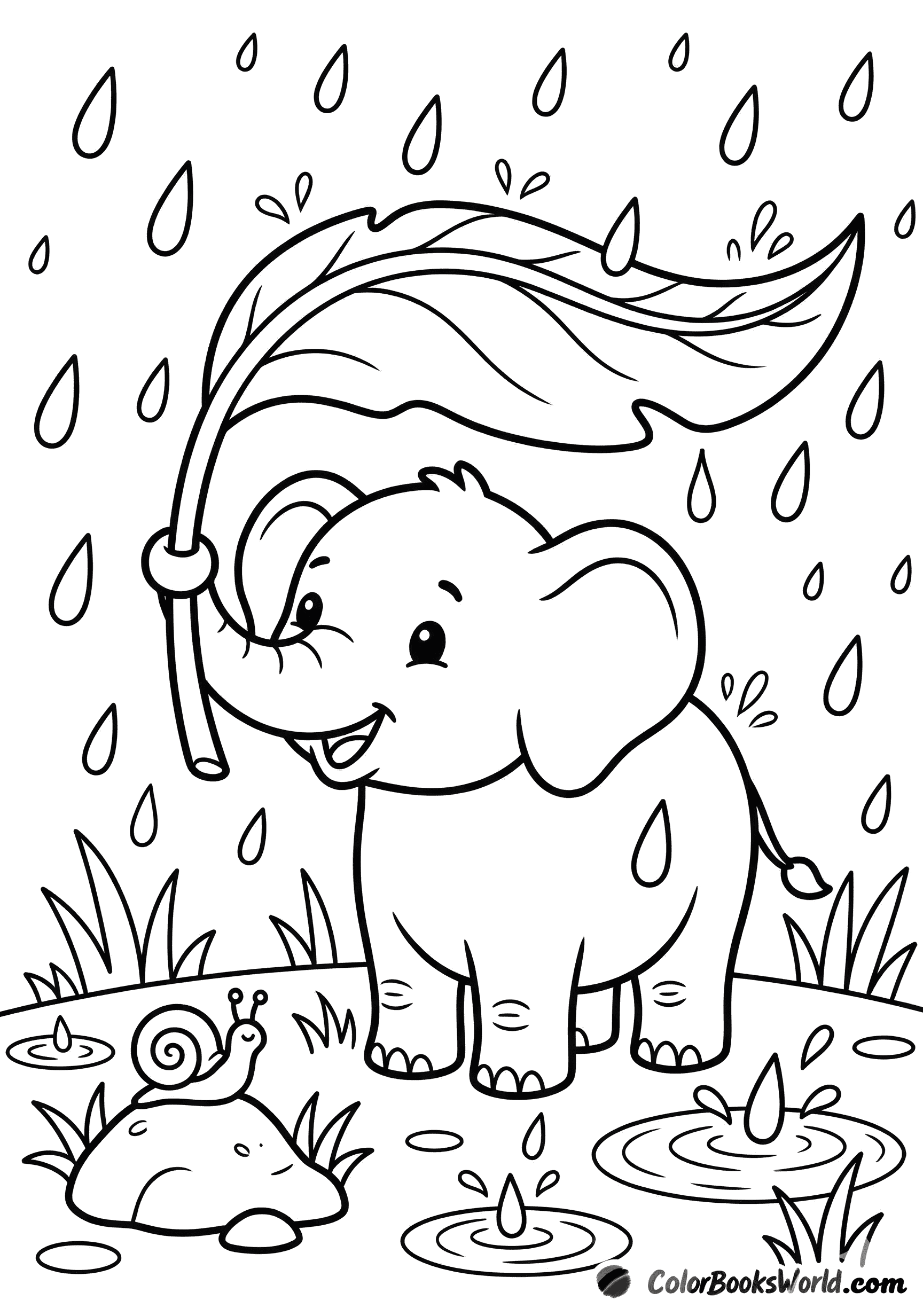 A baby elephant shelters from the rain under a giant leaf, with a small snail nearby.