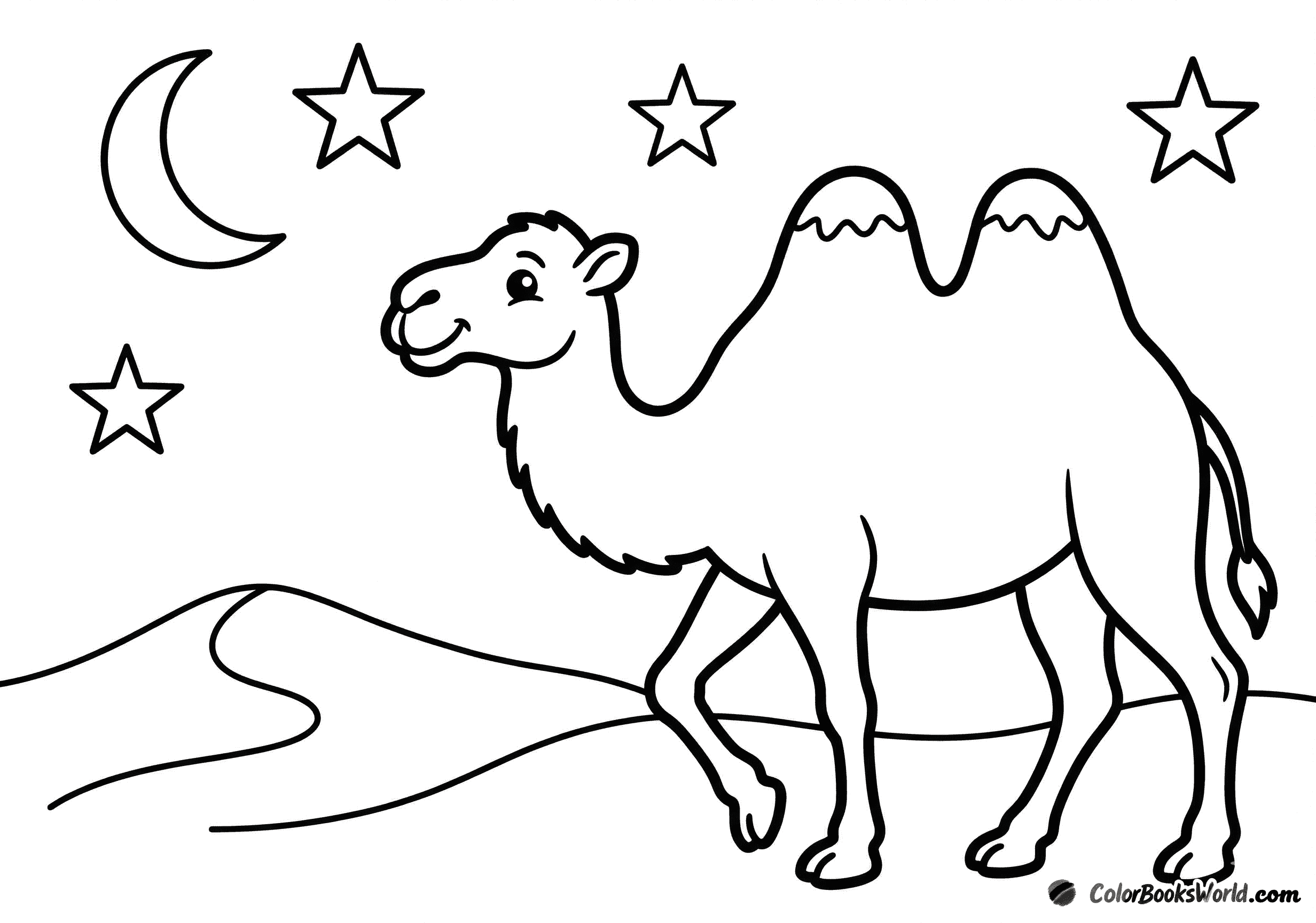 A two-humped Bactrian camel walks across desert dunes under a crescent moon and stars.