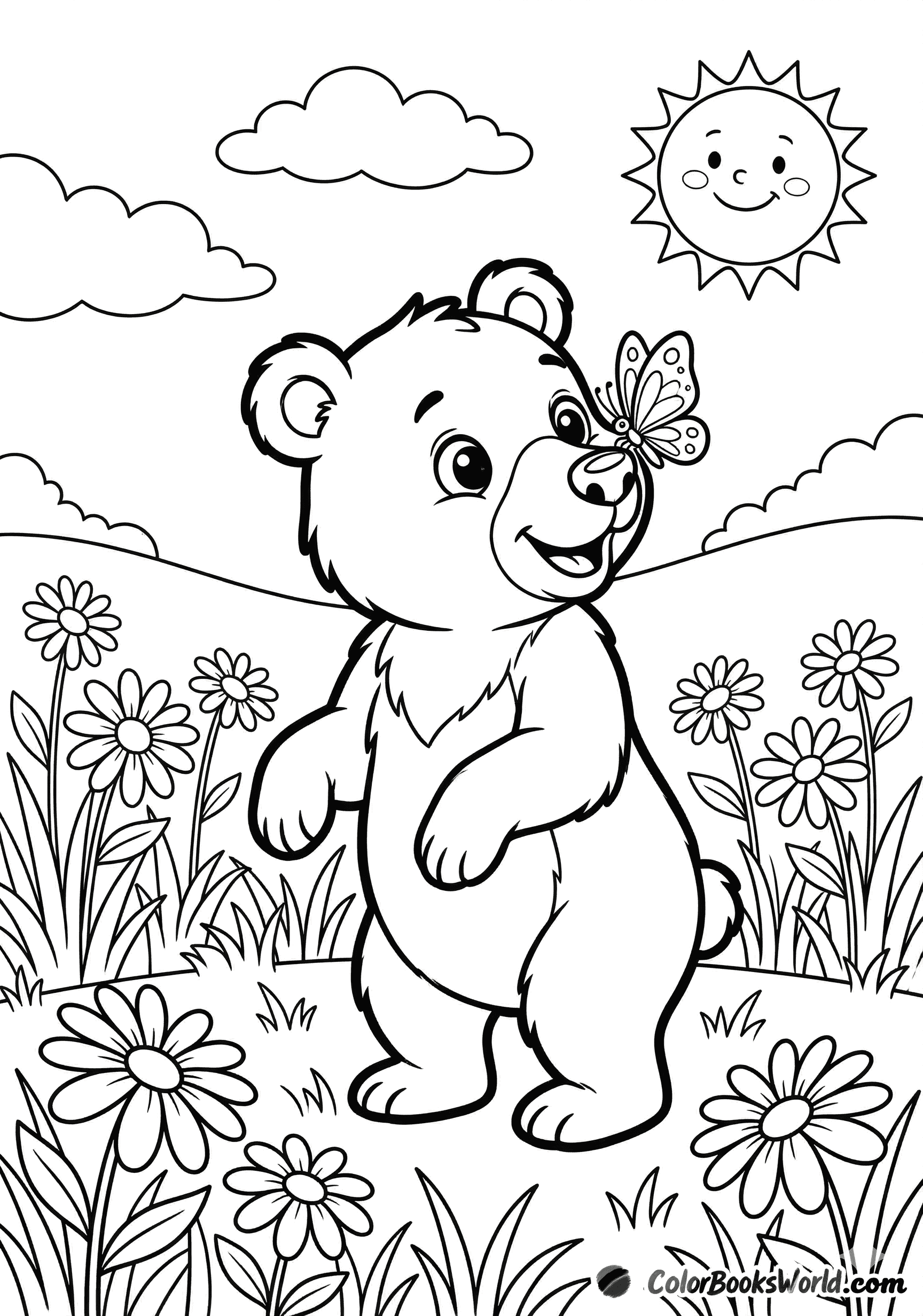 A cute bear cub stands in a flower meadow with a small butterfly on its nose.