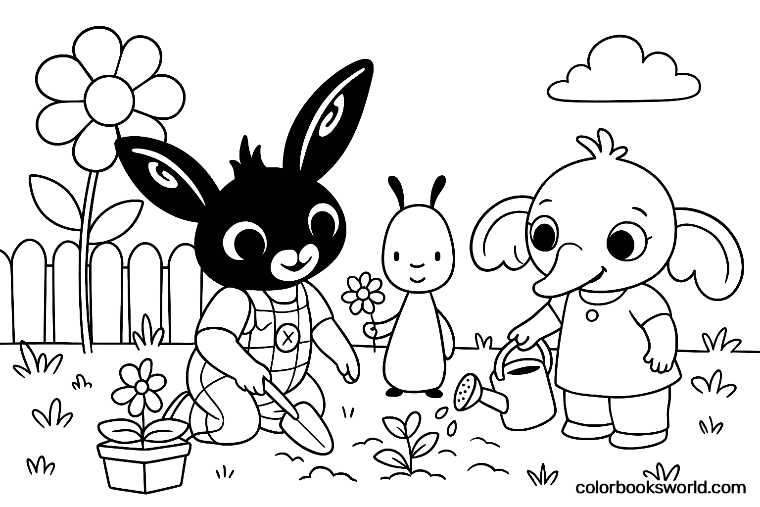 Bing digs soil while Sula waters a young plant, and a small friend holds a flower in the garden.