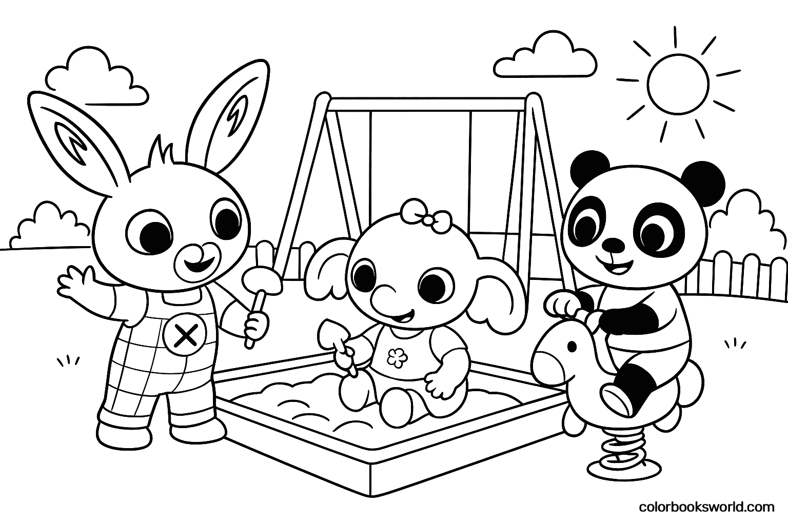 Bing, Sula and Pando play in a sandbox, with a swing and spring rider behind them.