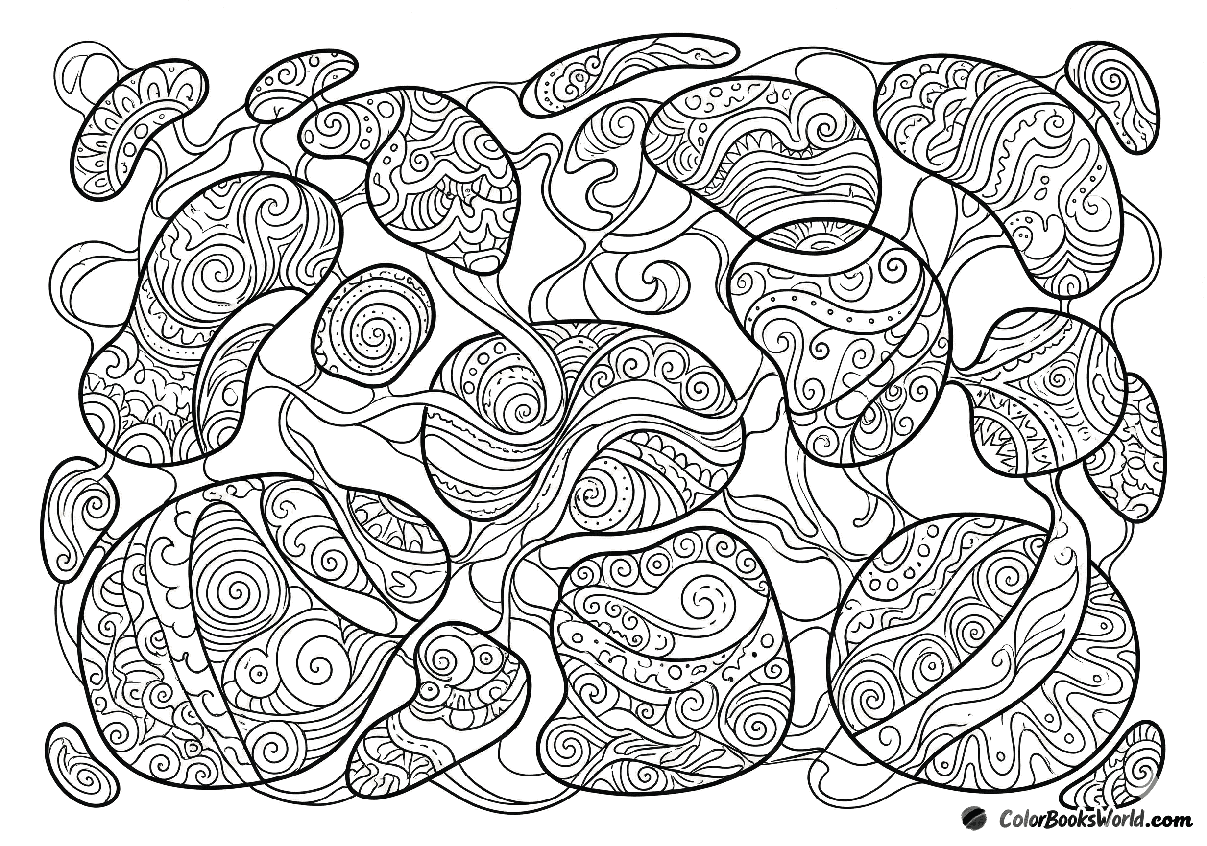 Detailed line art of pebble-like organic shapes filled with intricate swirls and connected by thin tendrils.