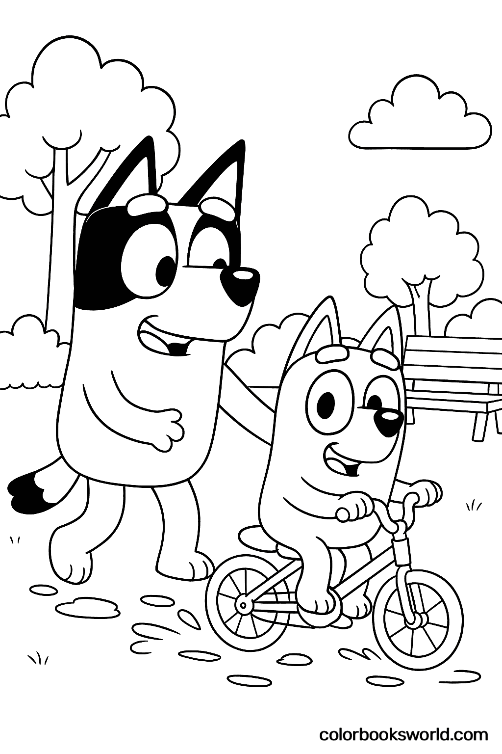 Bandit supports Bluey as she rides a small bicycle along a park path near trees and a bench.