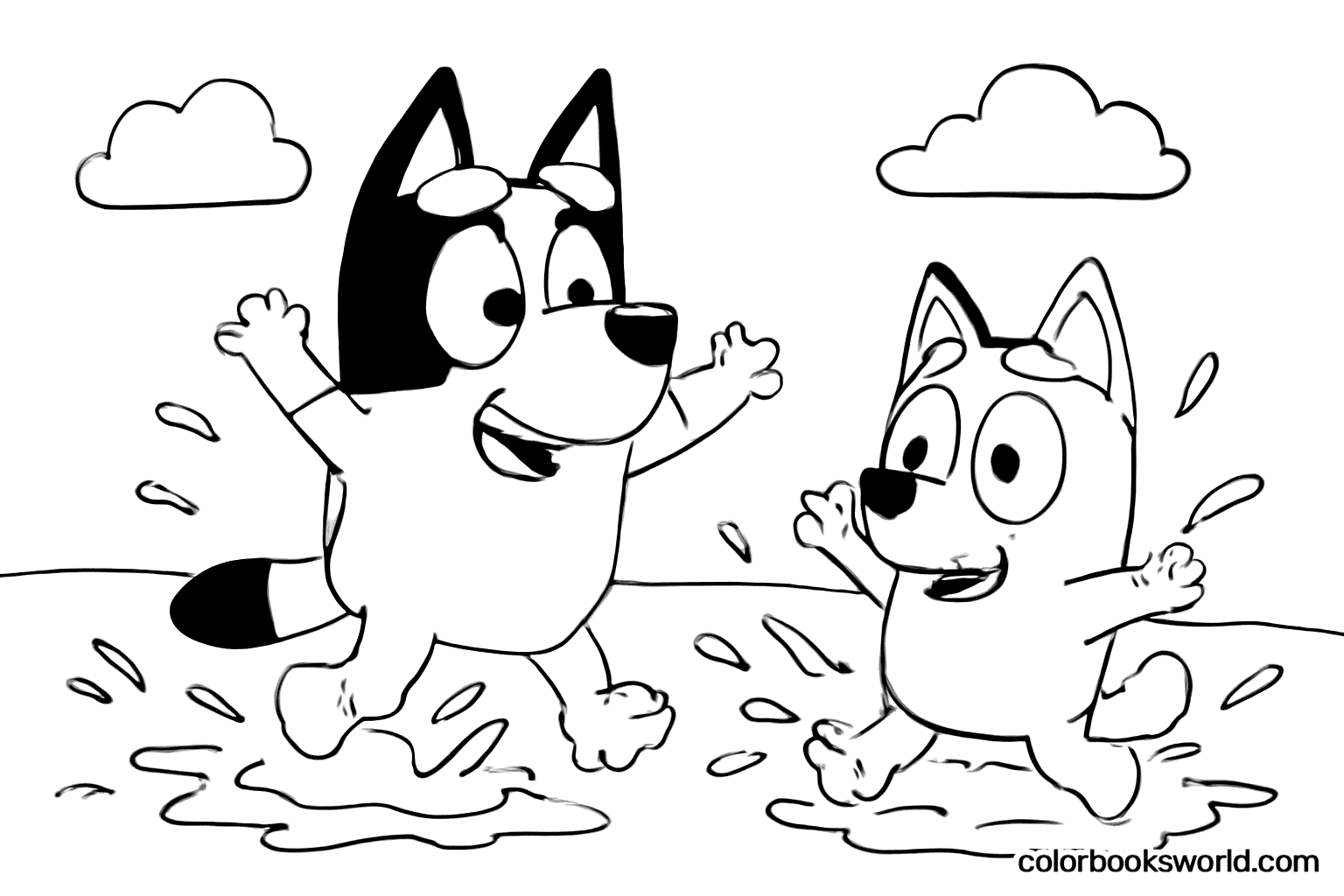 Bluey and Bingo jump and splash in muddy puddles during outdoor play.