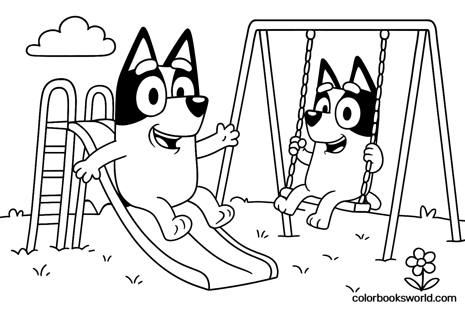 Bluey slides down a playground slide while Bingo swings nearby.