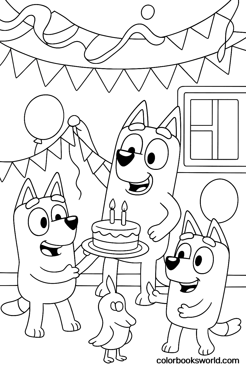 Bluey and her family decorate the house with balloons, streamers, and a birthday cake.
