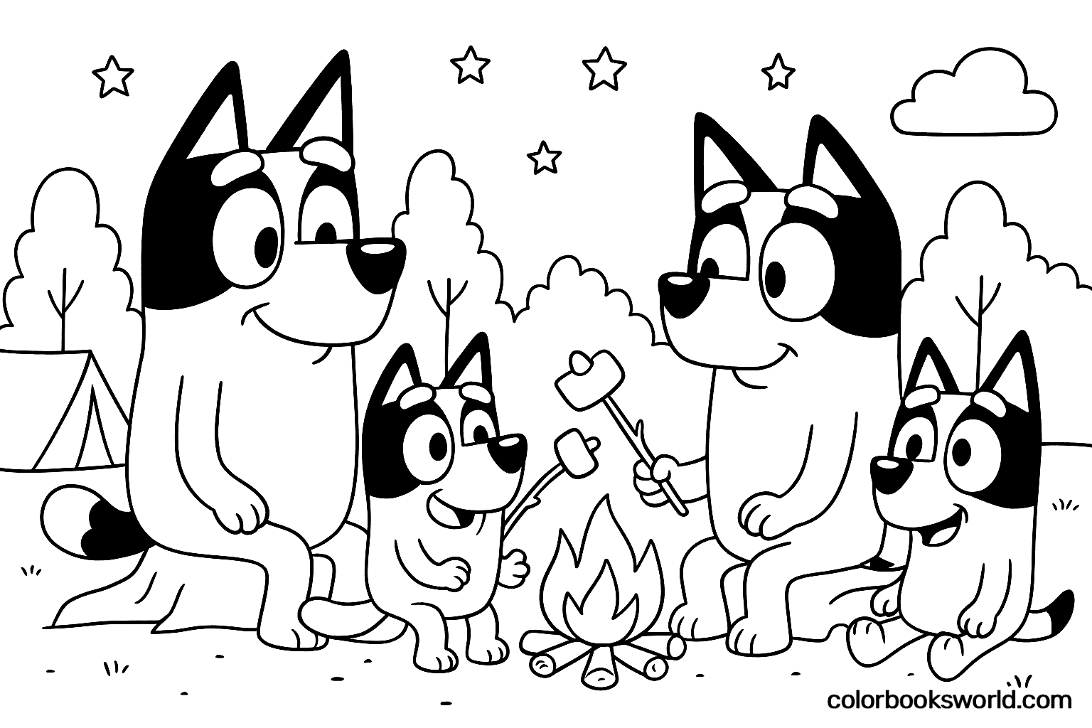 Bluey, Bingo, and their parents sit around a campfire, roasting marshmallows under a starry sky.