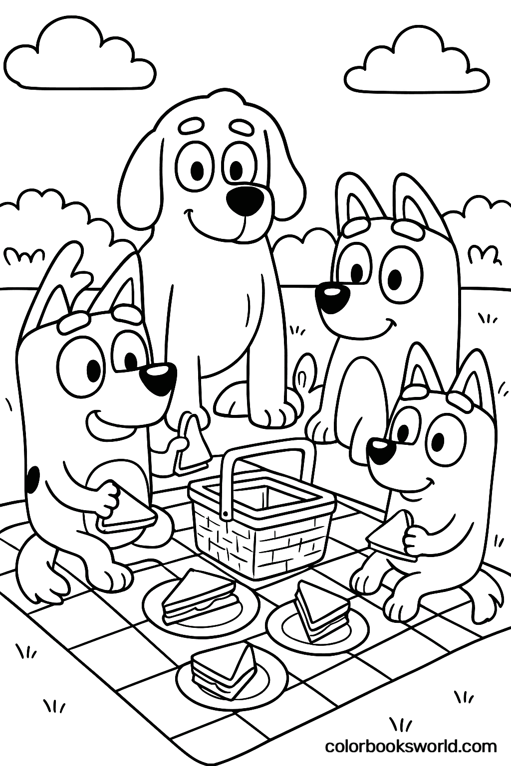 Bluey and friends sit on a checkered blanket, eating sandwiches beside a picnic basket.