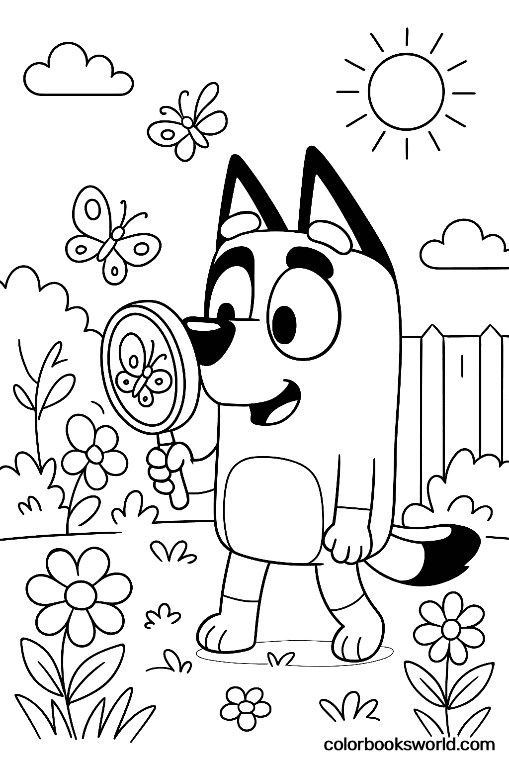 Bluey utforskar en solig trädgård med ett förstoringsglas, fjärilar och blommor.