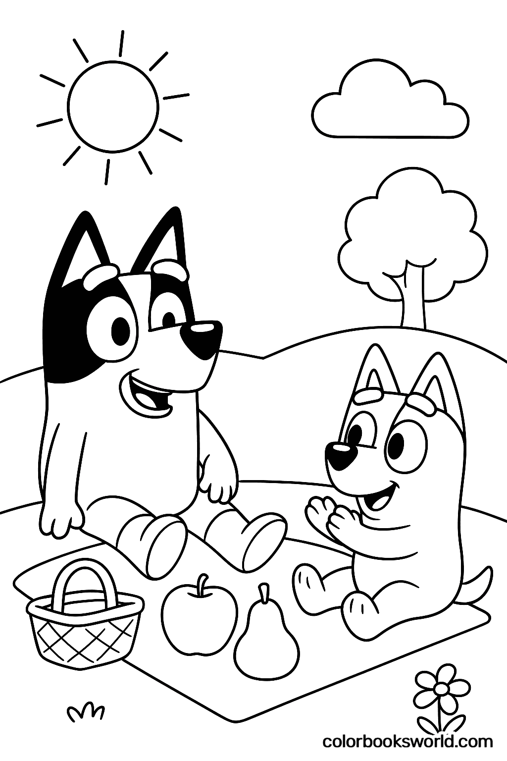 Bluey and Bingo sit on a picnic blanket with a basket, an apple, and a pear.