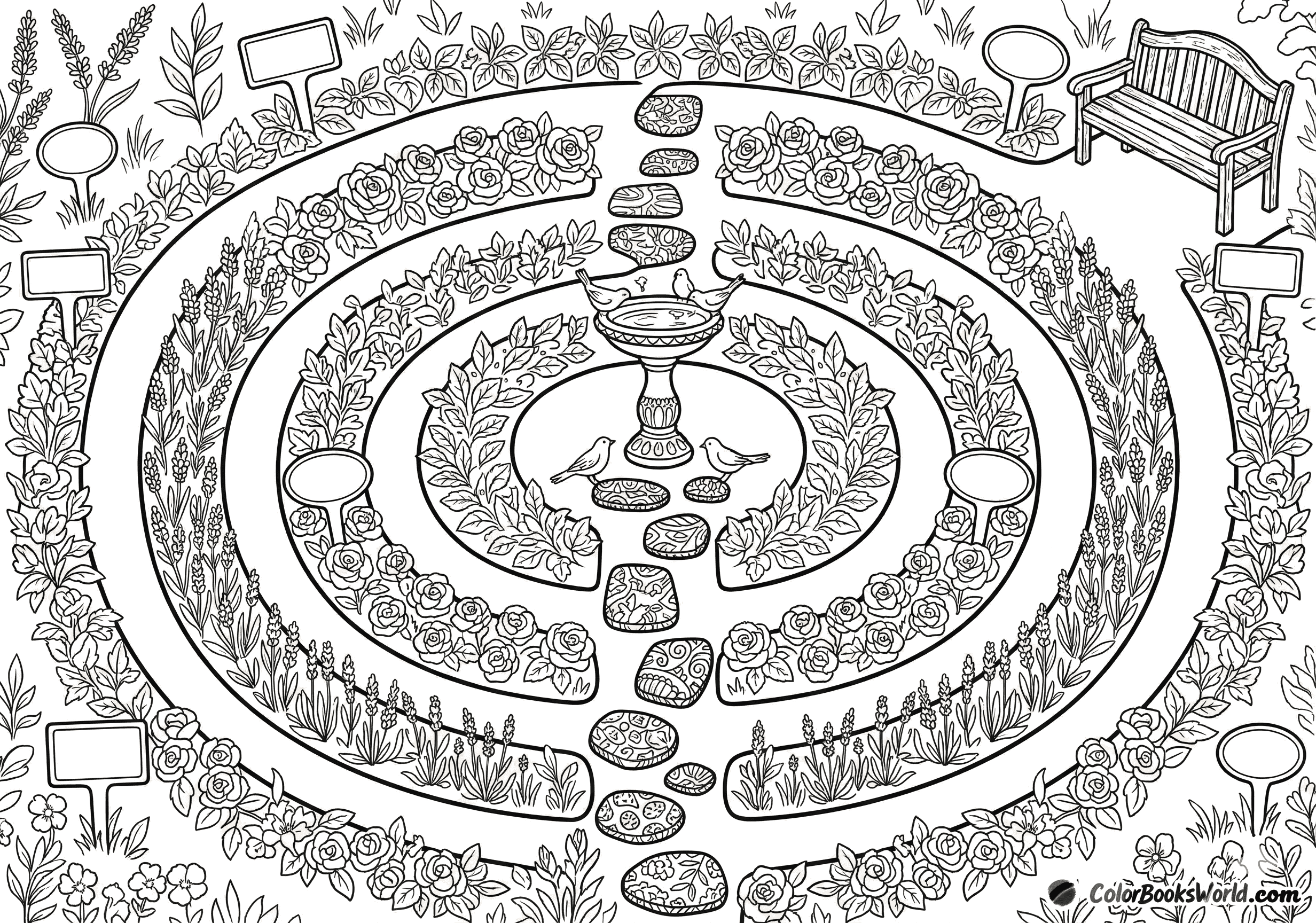 A circular floral labyrinth featuring concentric flower beds, stepping stones, a birdbath, and a wooden bench.