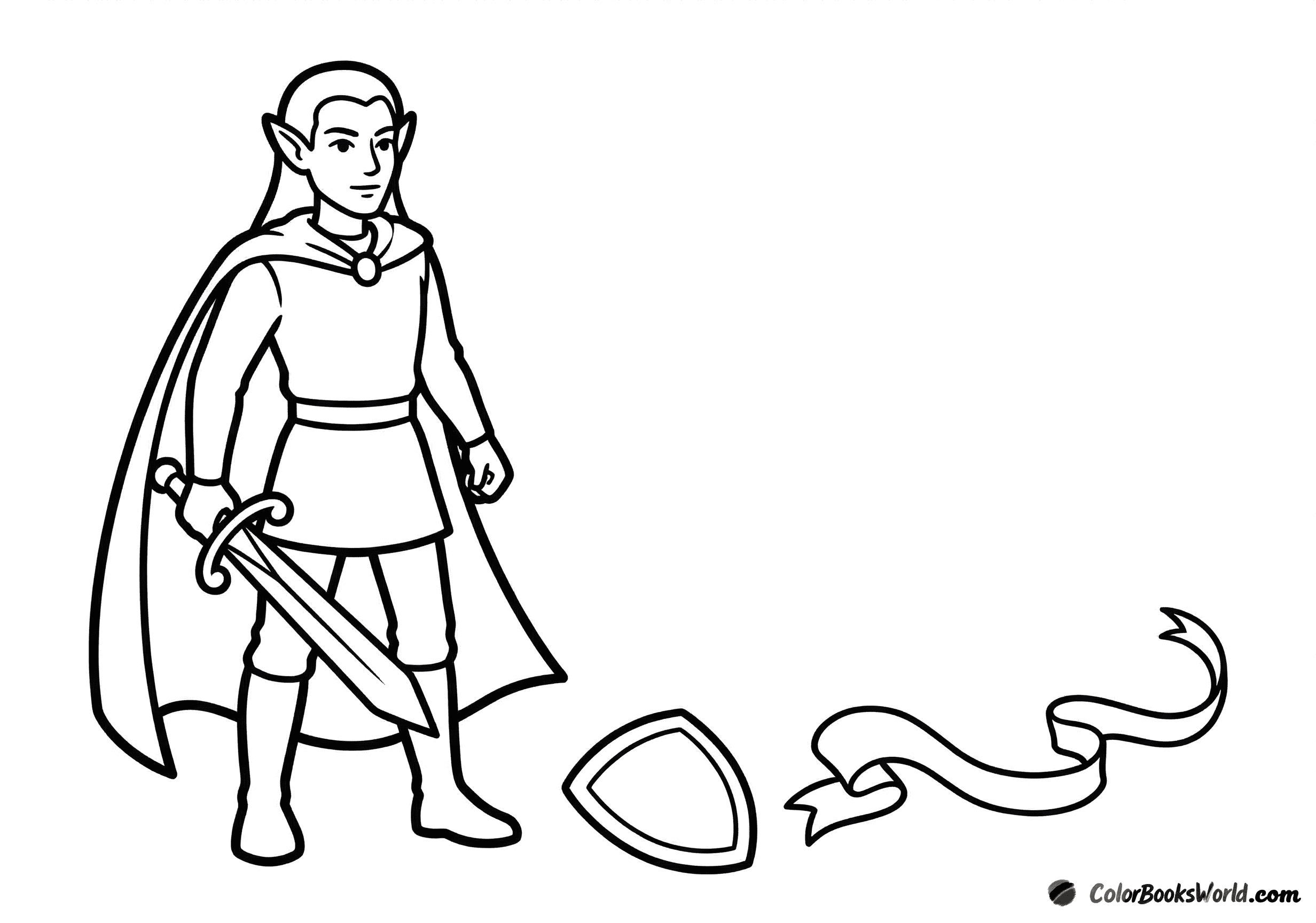 A friendly cartoon elf knight stands holding a simple sword pointed down beside a small shield.