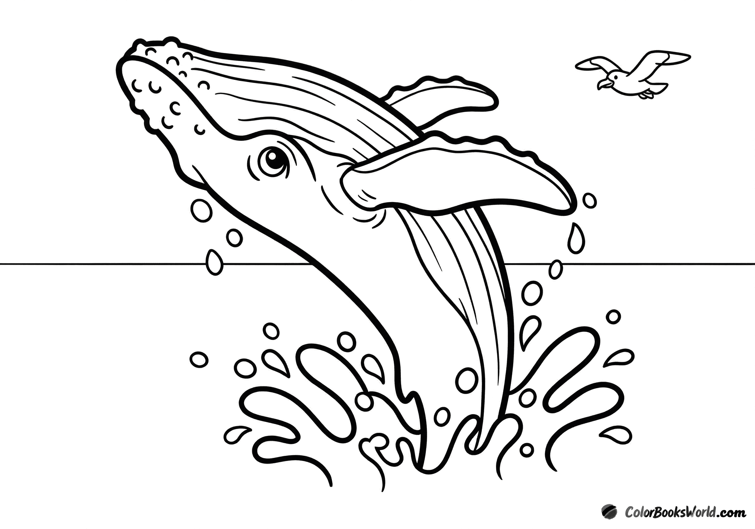 A humpback whale breaching above ocean waves with a seagull flying nearby.