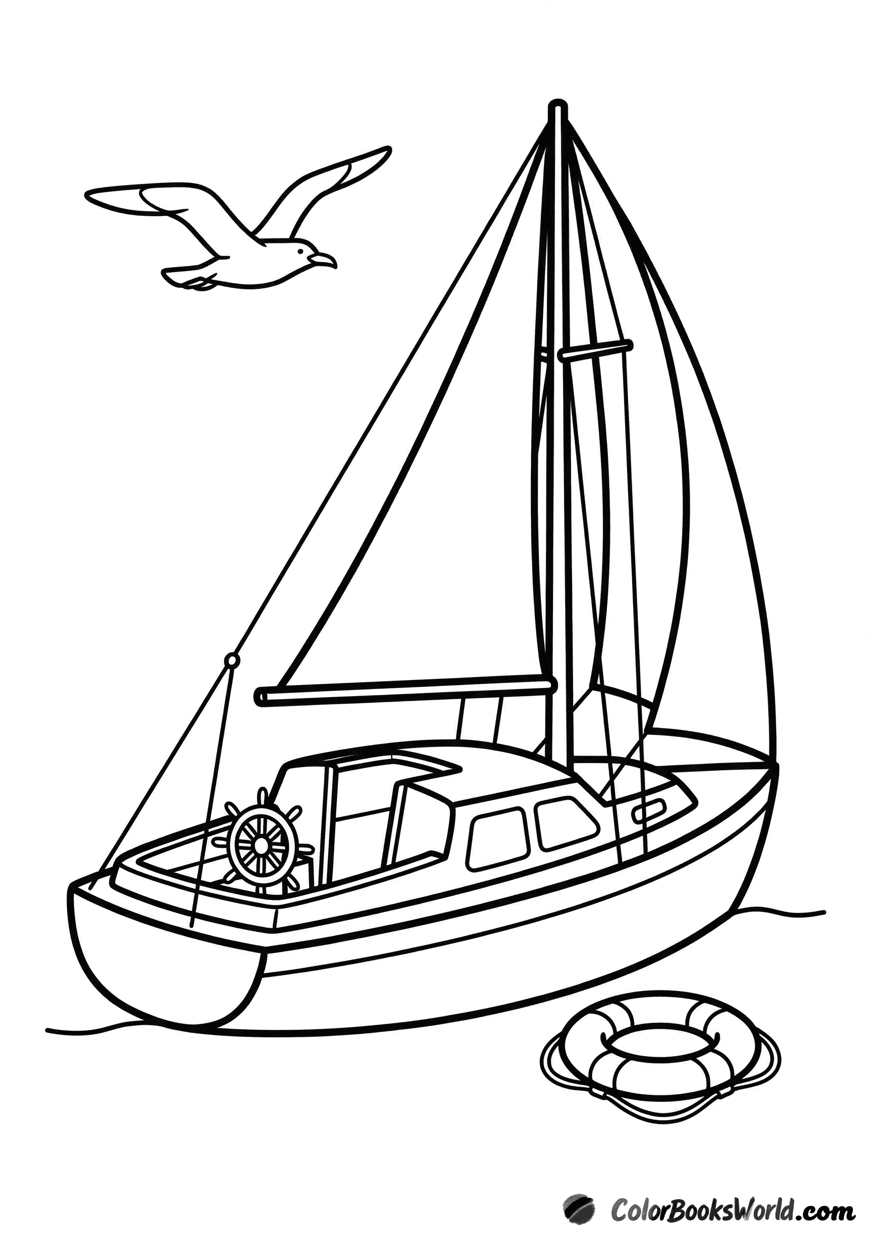 Cabin sailboat with a steering wheel, a seagull overhead, and a lifebuoy floating beside the hull.