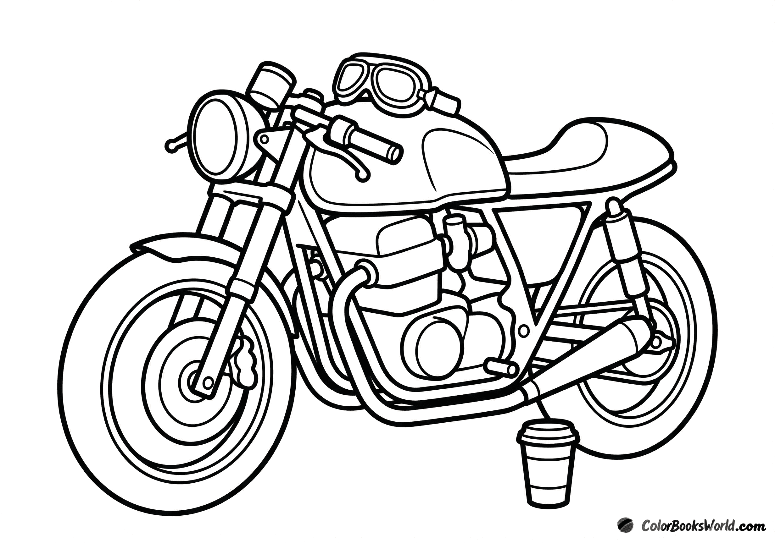 Cafe racer motorcycle with racing goggles on the tank and a coffee cup beside the wheel.
