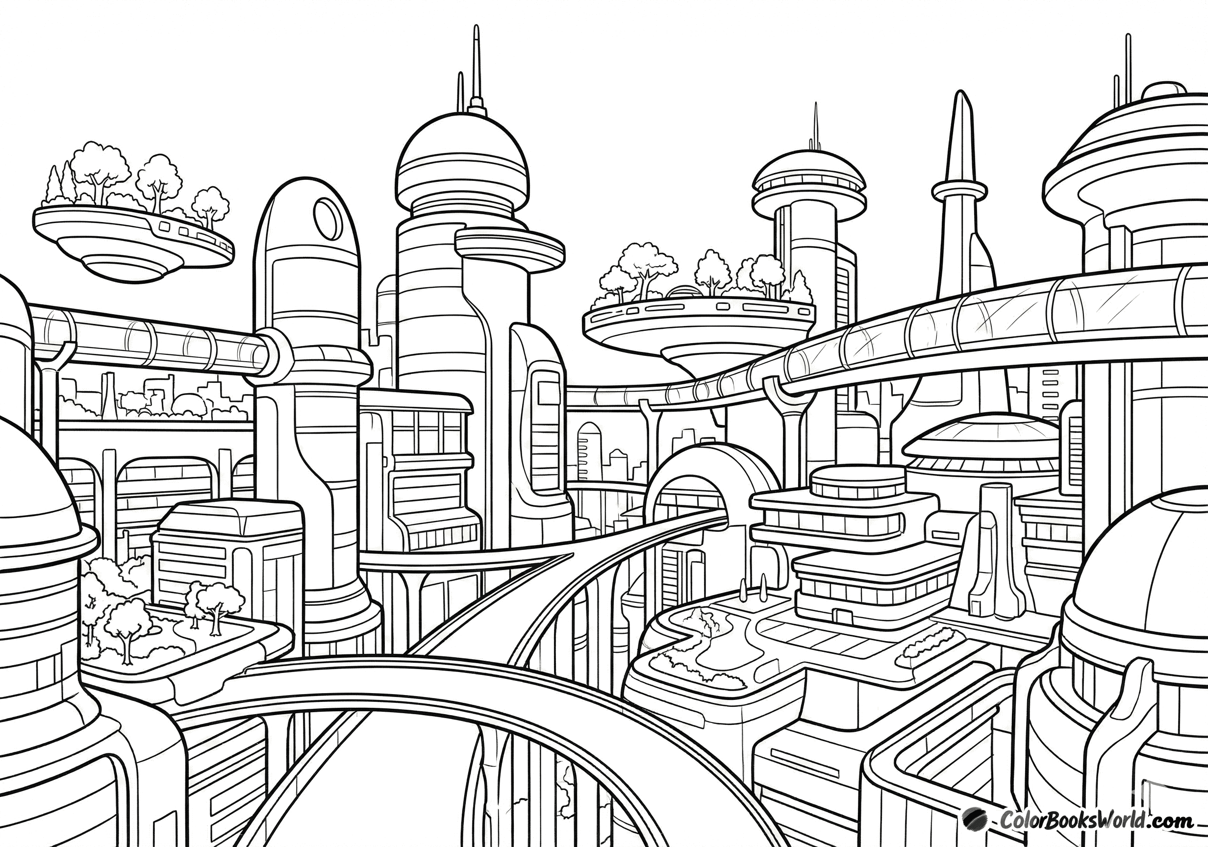 A serene futuristic city skyline with smooth towers, sky bridges, and floating parks in a clean line art style.