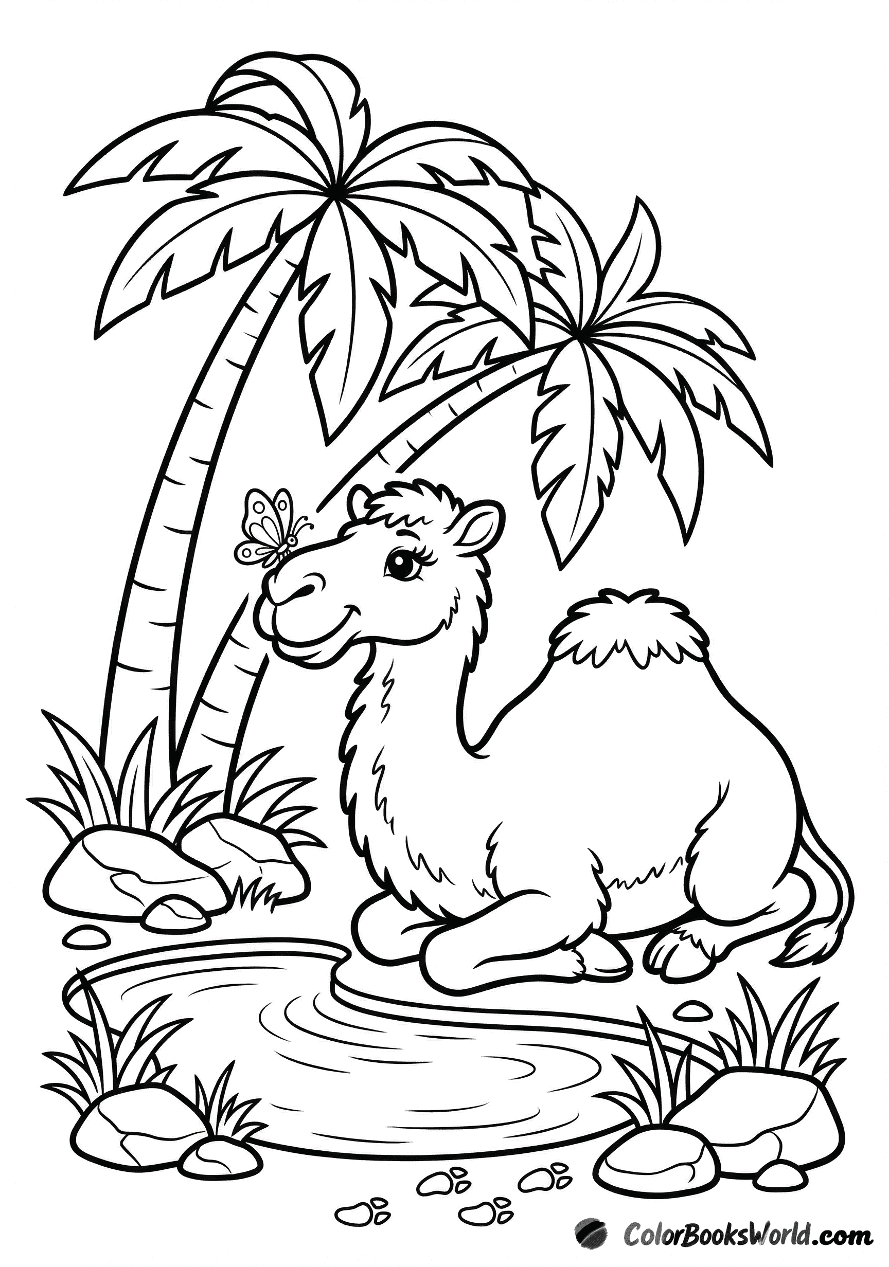 A sitting dromedary camel with a small butterfly on its nose by an oasis pool and two palm trees.