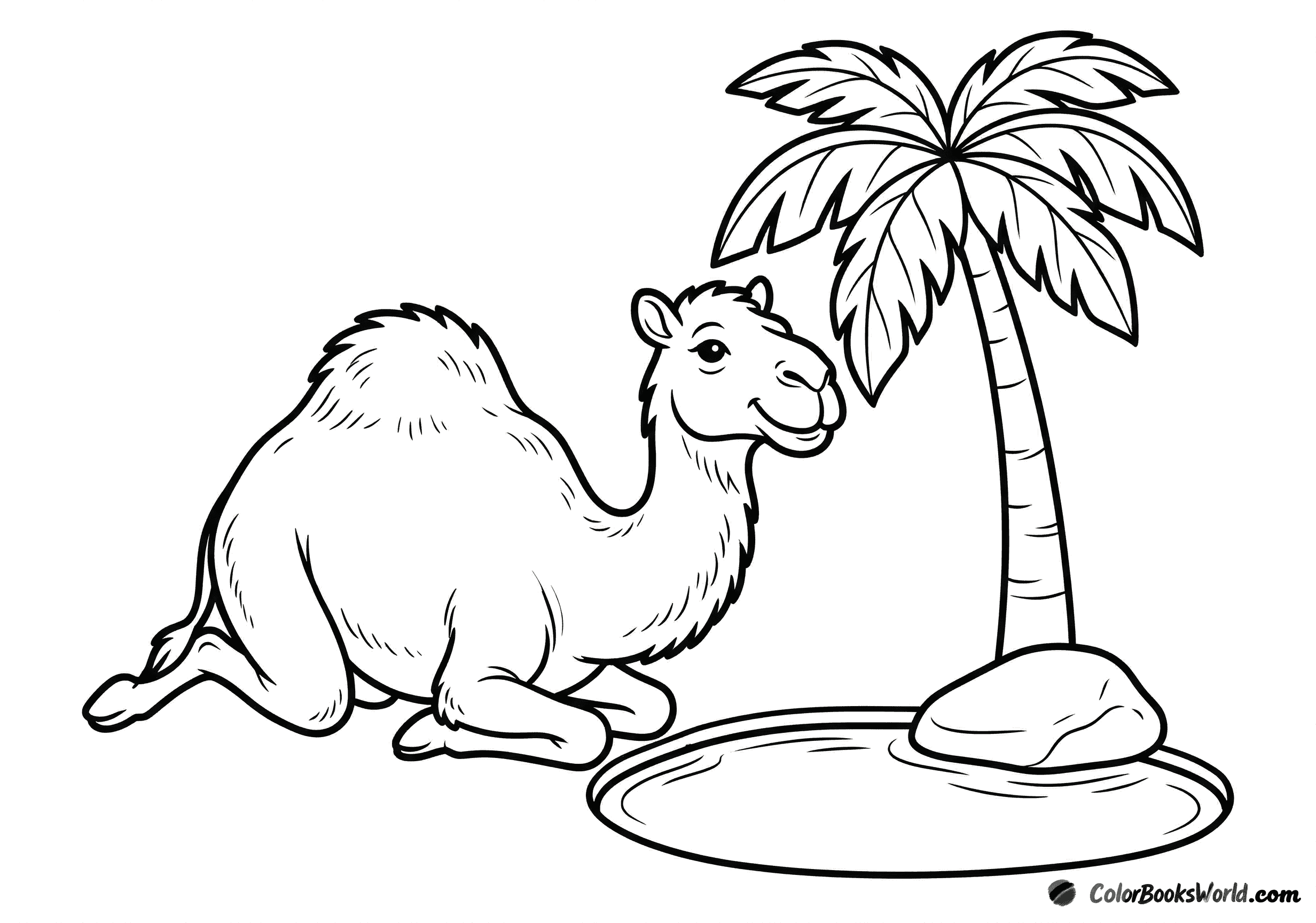 A calm dromedary camel sits beside a small oasis pool under a palm tree in the desert.