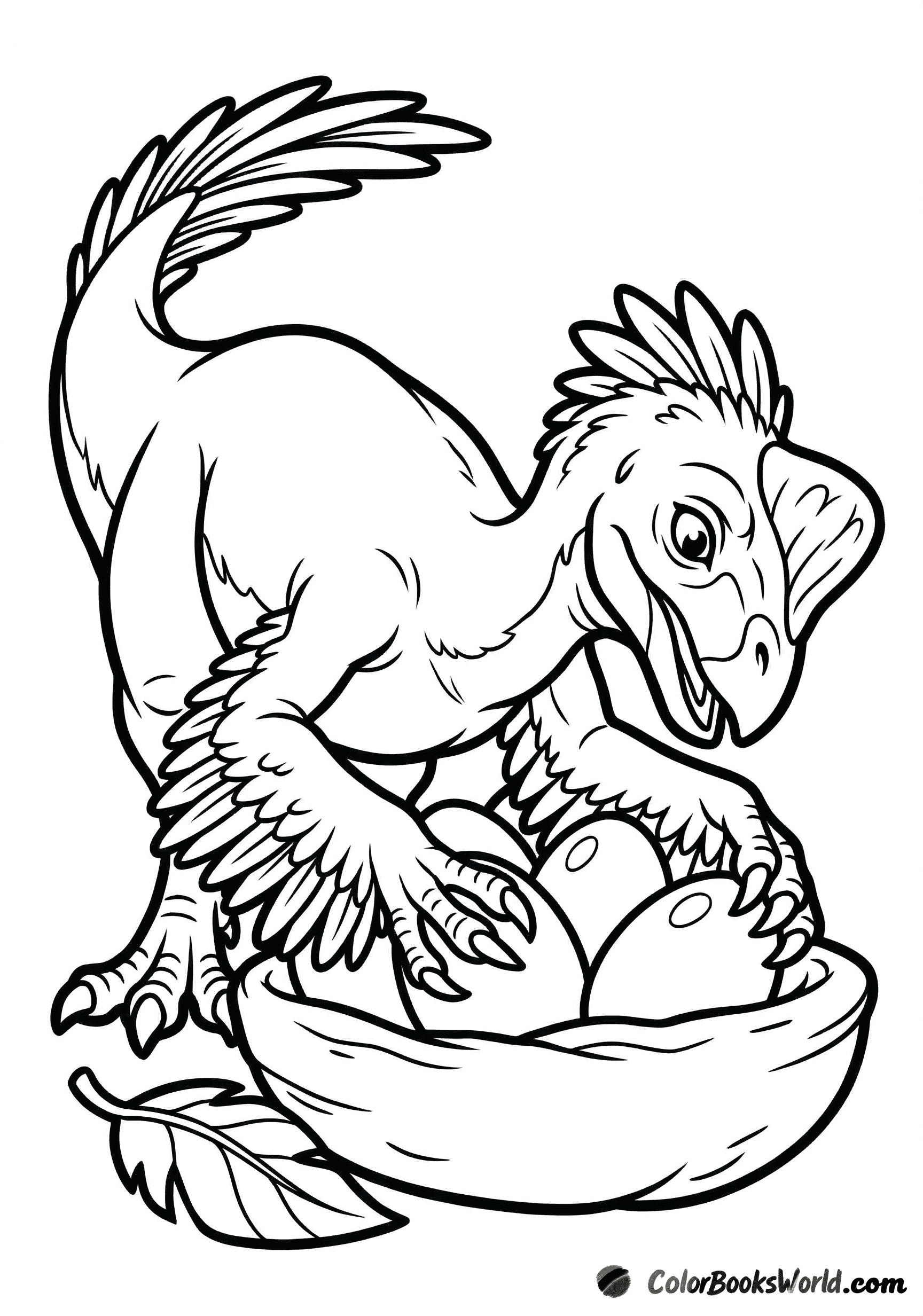 A friendly cartoon Oviraptor crouches beside a nest with three eggs, watching over them protectively.