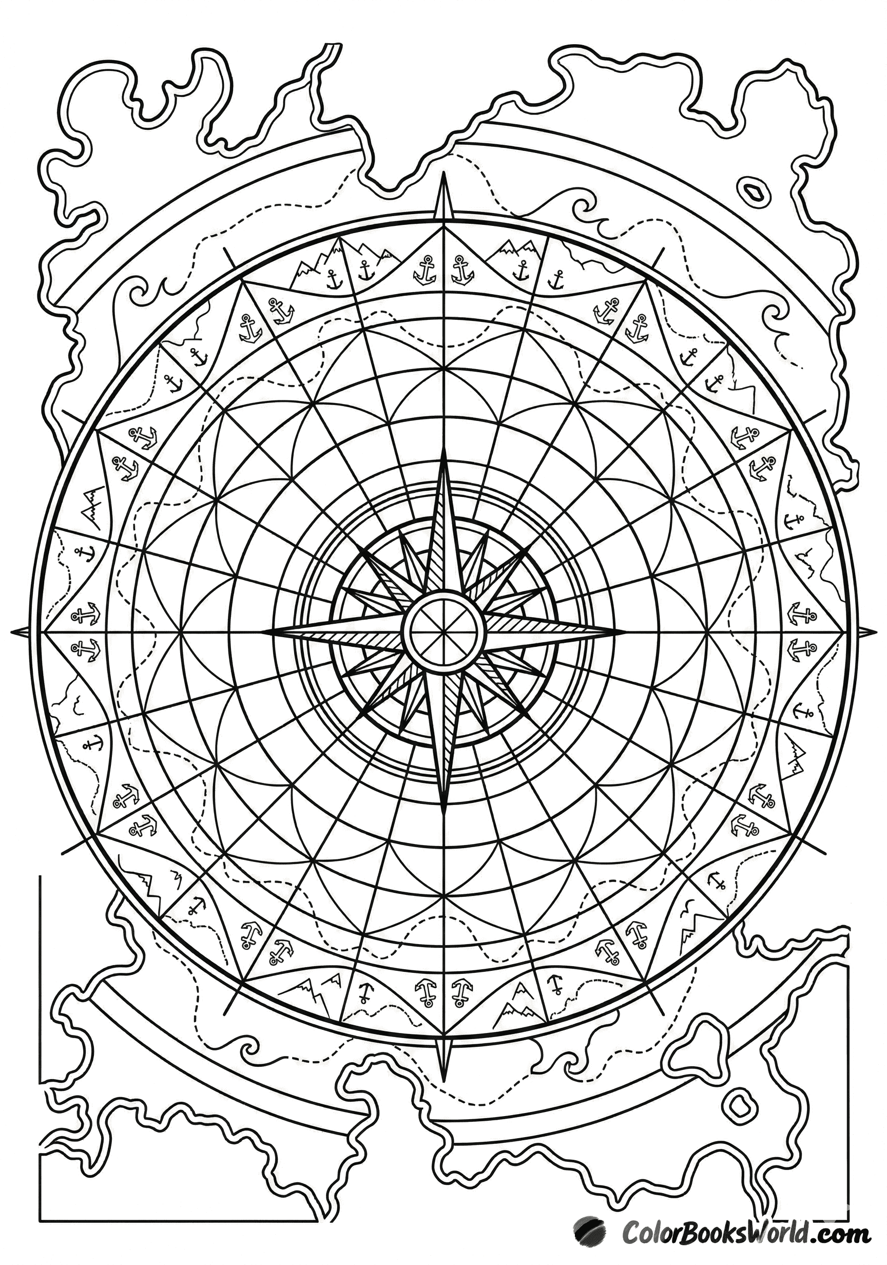 A detailed mandala coloring page made of a central compass rose, latitude rings, anchors, and mountain symbols.