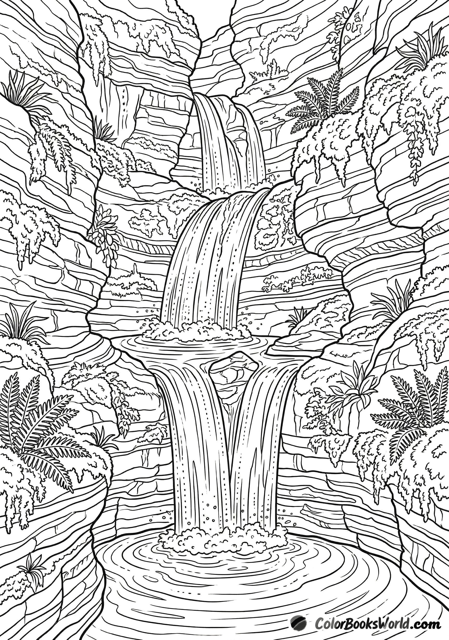 Line art of a multi-tiered waterfall cascading through a narrow rocky gorge with lush plants.