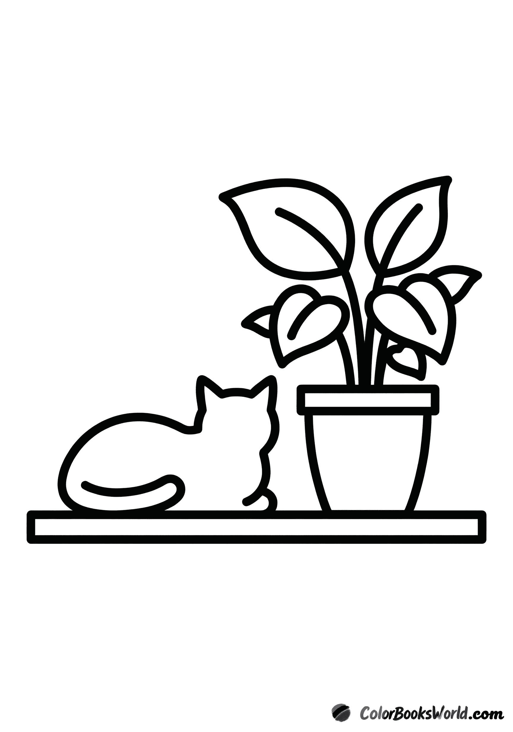 A relaxed cat sits on a windowsill beside a small potted plant.