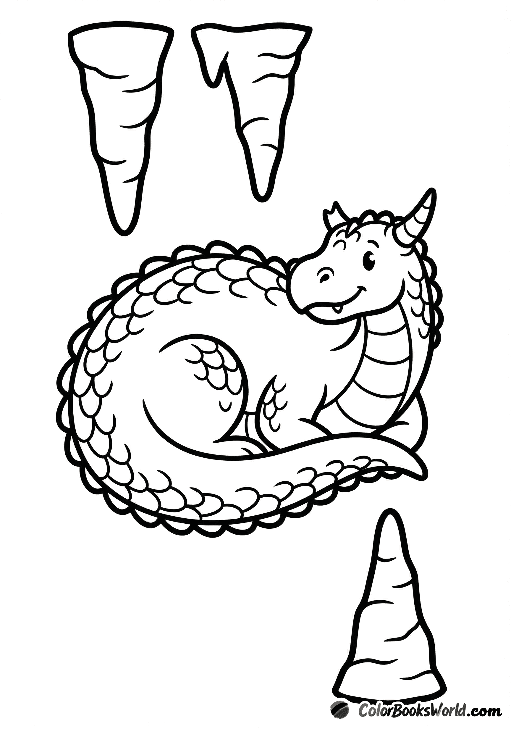 A friendly cave dragon curled up between a stalactite and a stalagmite in a rocky cave.