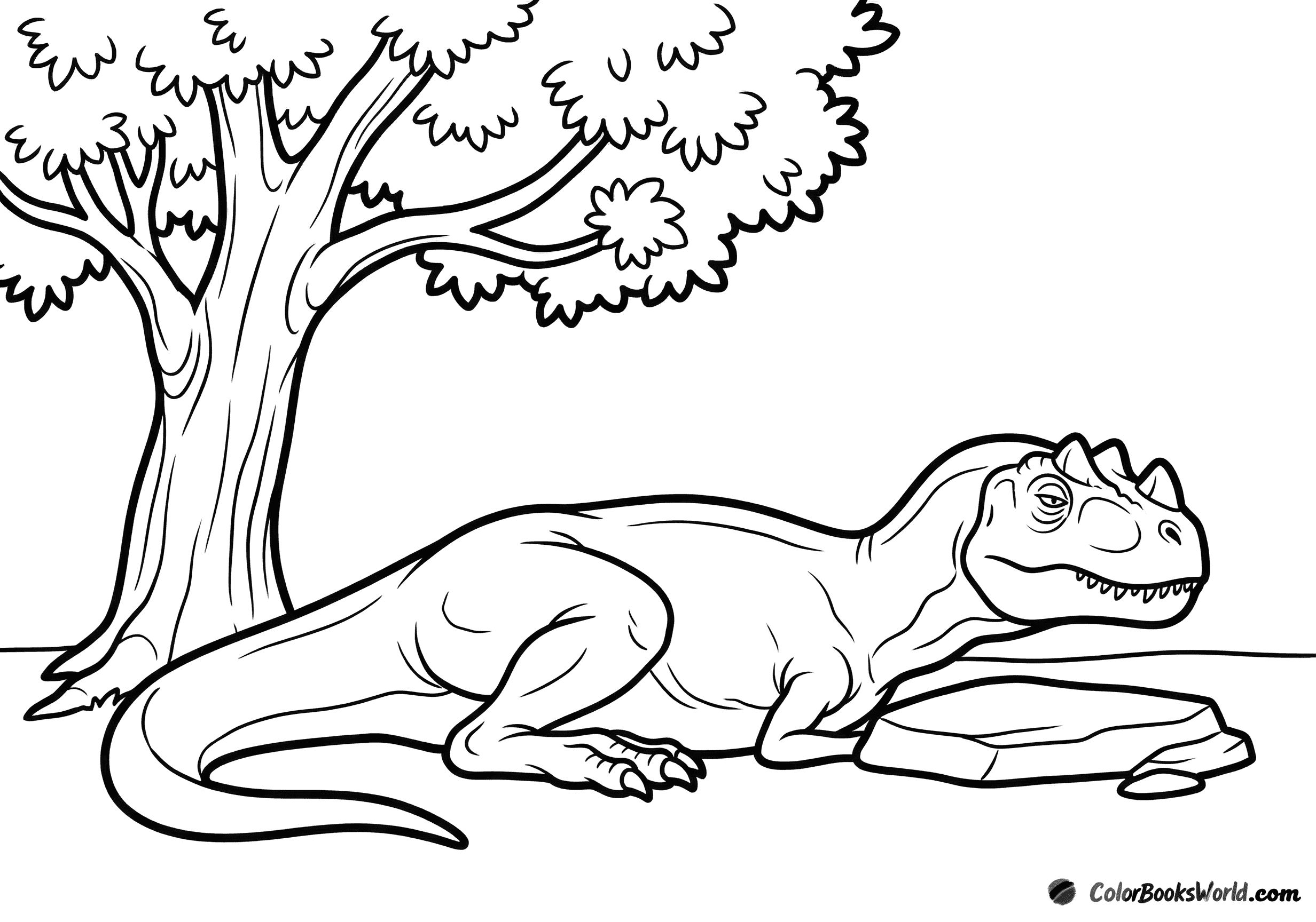 A friendly cartoon ceratosaurus lies under a tree beside a flat stone, resting in the shade.