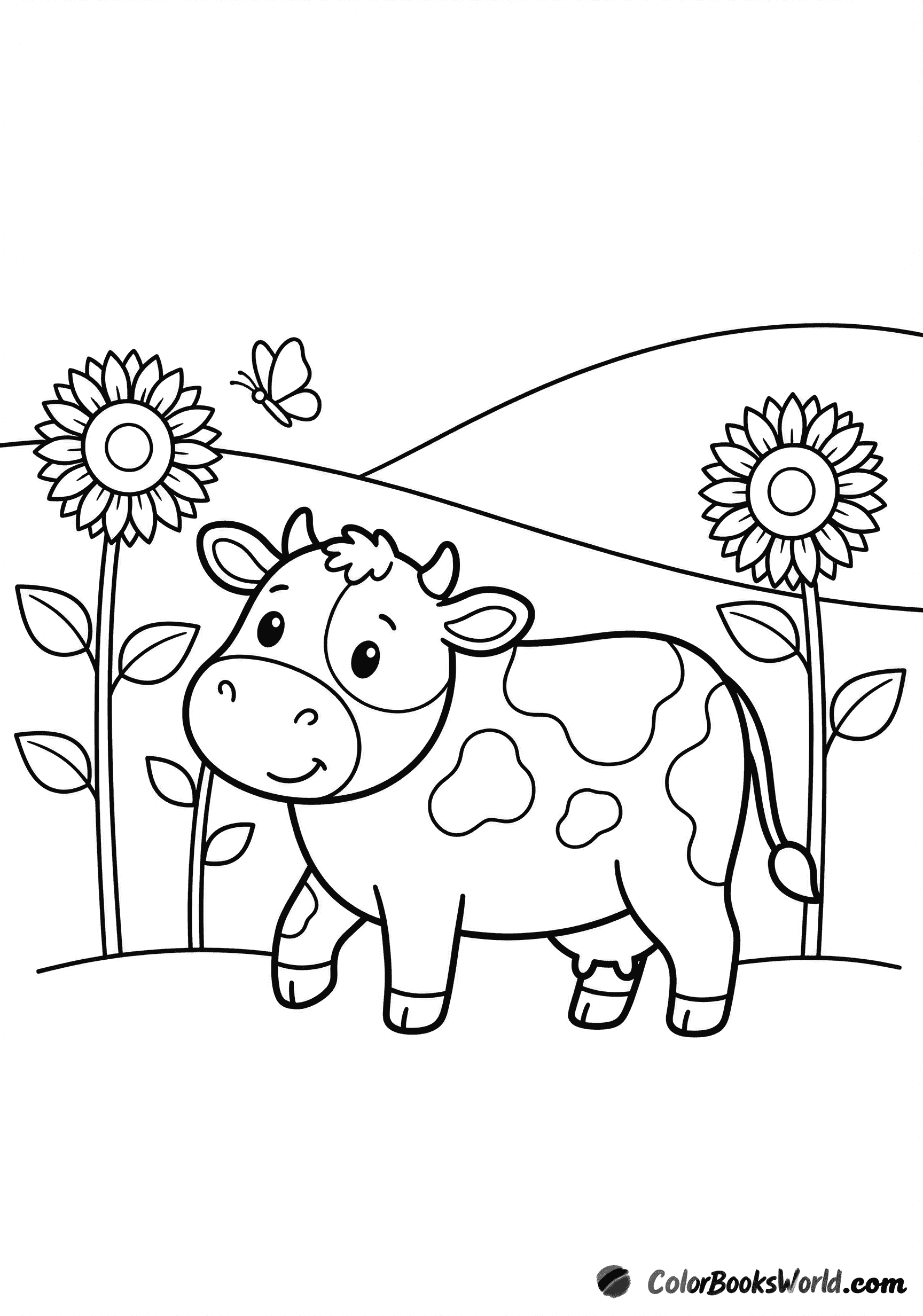 Una vaca de dibujos animados camina entre girasoles altos con una pequeña mariposa cerca.