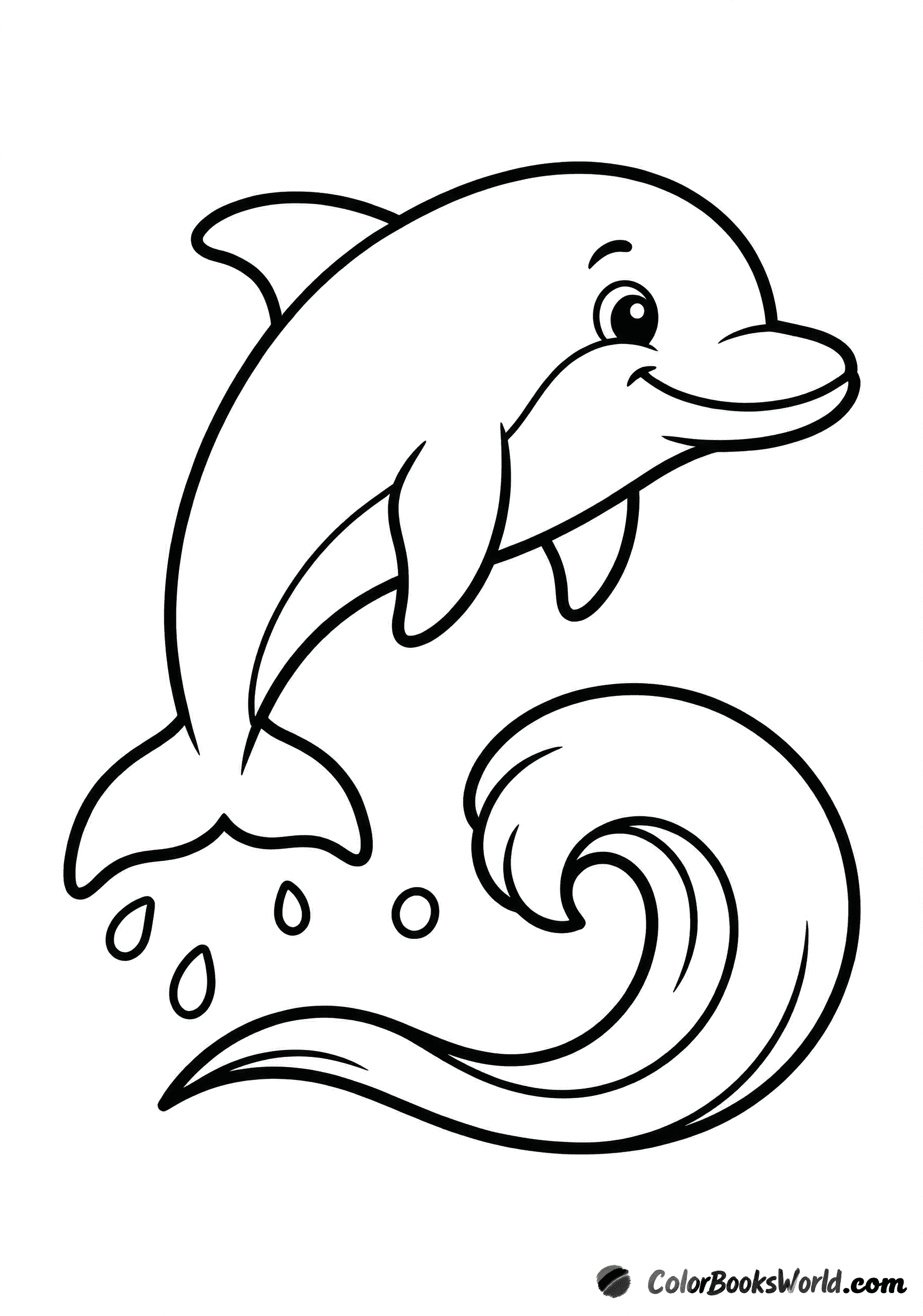 A cartoon dolphin leaps over a curling ocean wave with splashing water droplets.