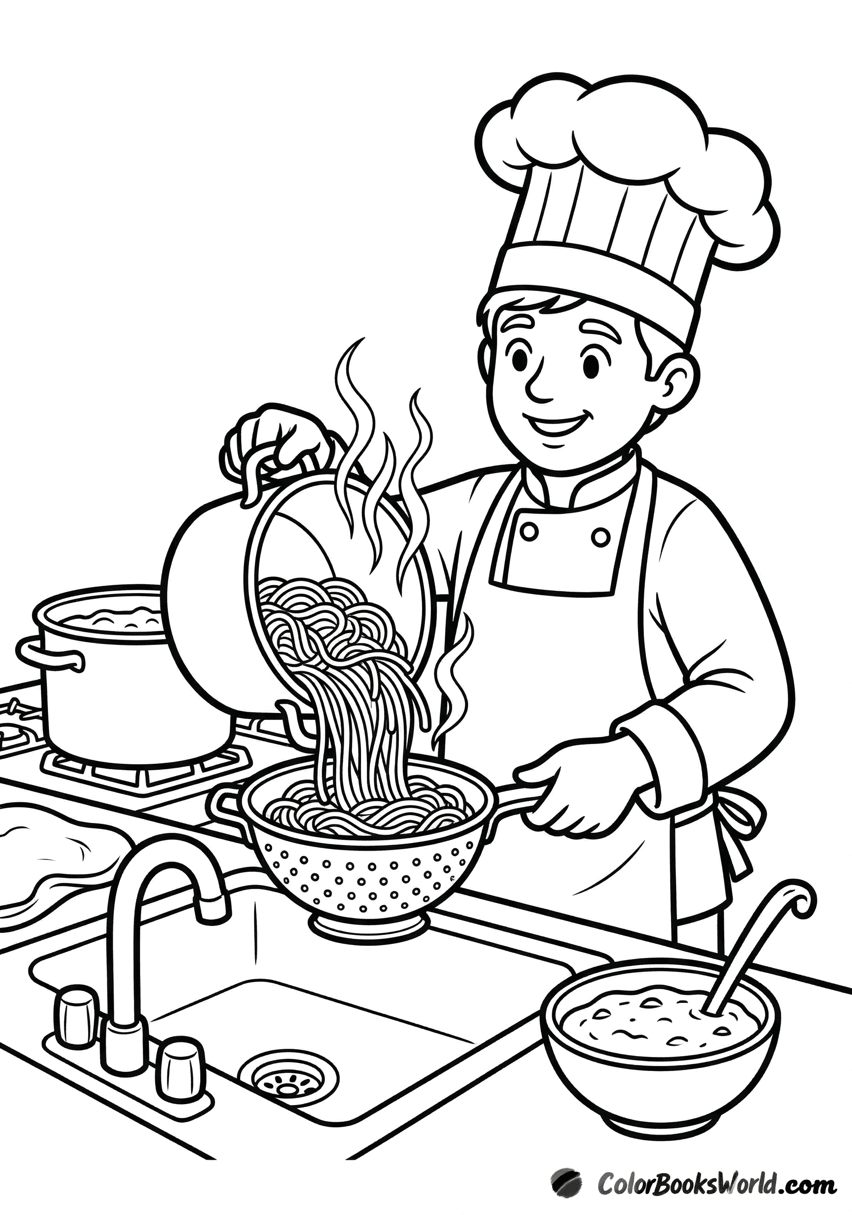 A chef in a hat and apron pours spaghetti from a pot into a colander over a kitchen sink.