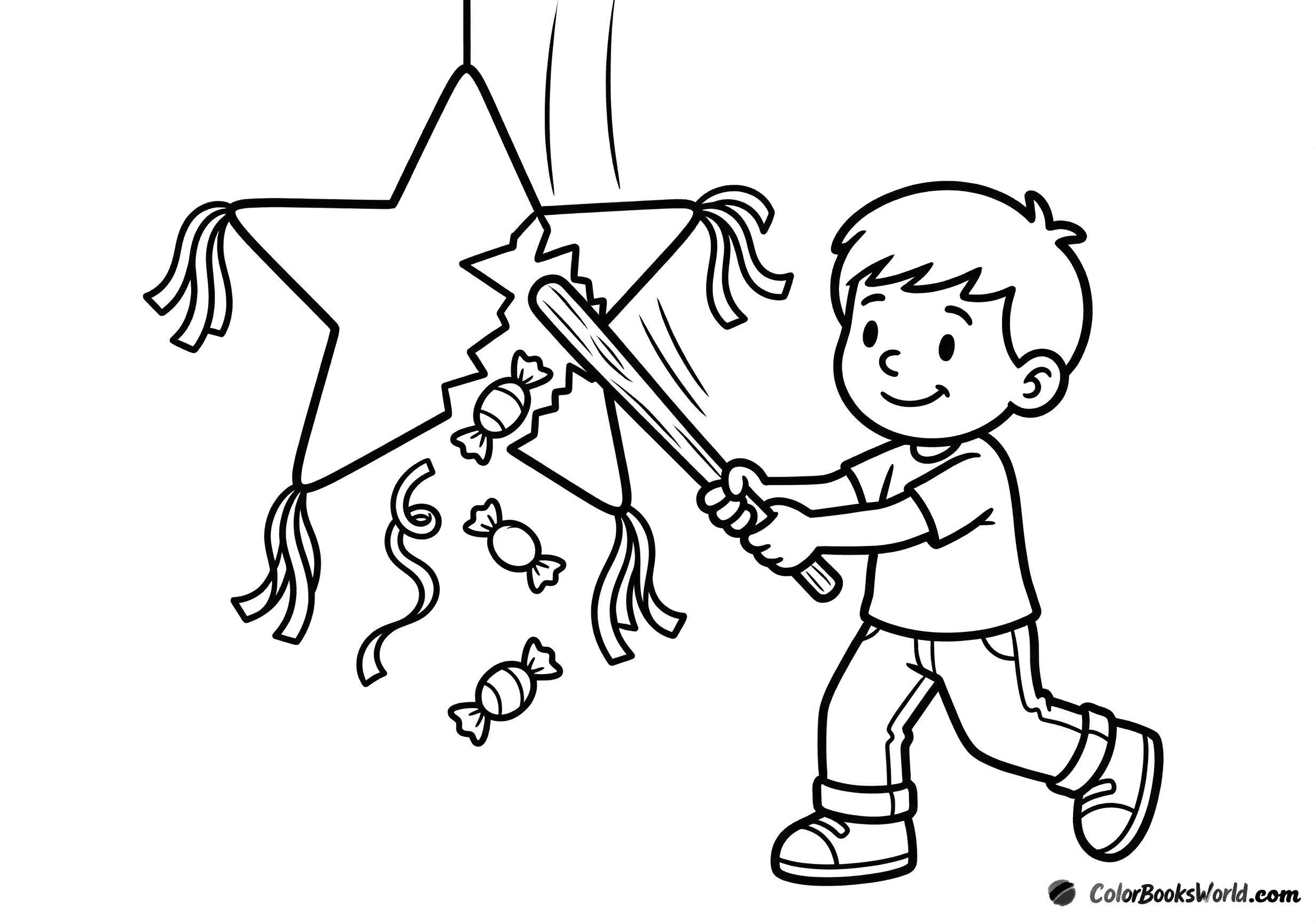 A cartoon child hits a star-shaped piñata with a stick as wrapped candies fall out.