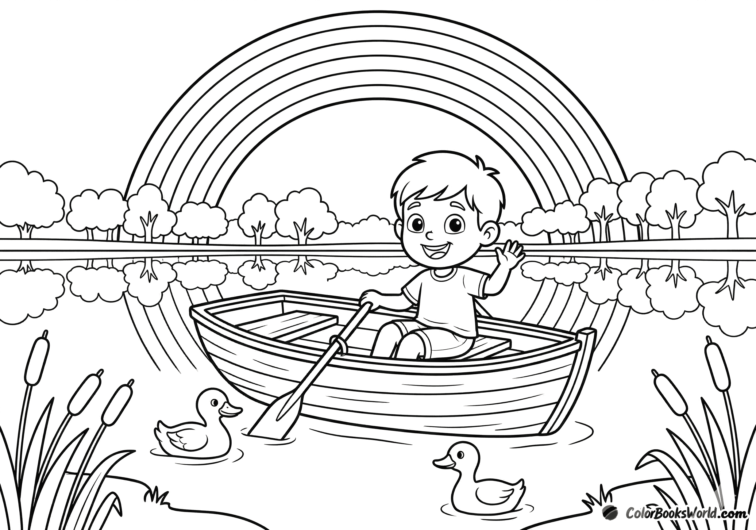 A smiling child rows a small boat on a calm lake beneath a large rainbow, with ducks nearby.