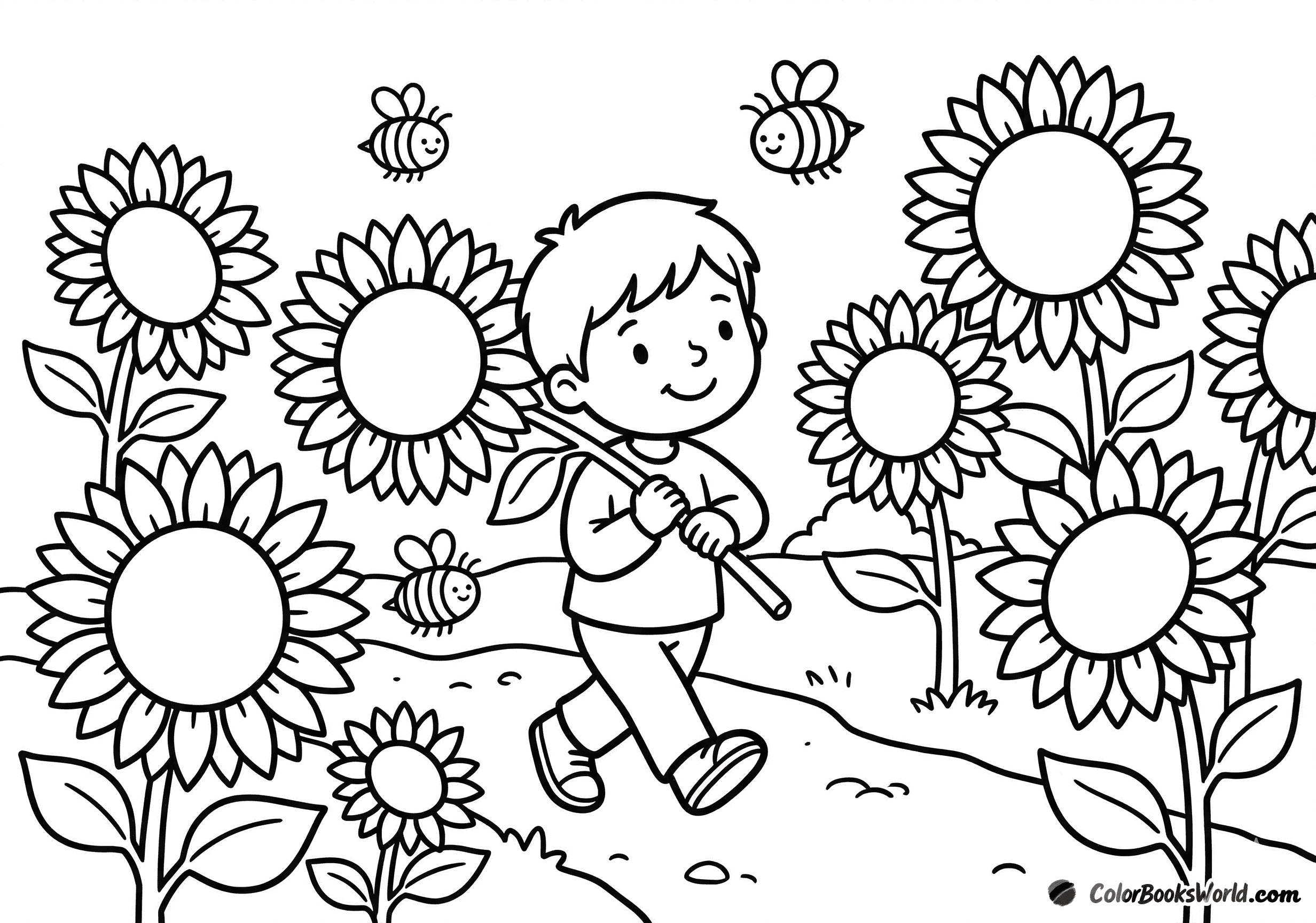 A child holds a sunflower in a field of tall sunflowers, with bees and a dirt path.