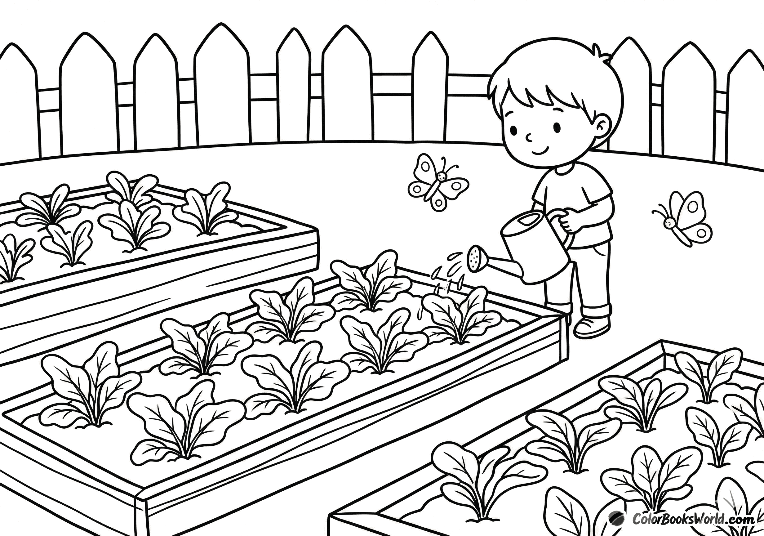 A child waters rows of young plants with a watering can in a backyard vegetable garden.